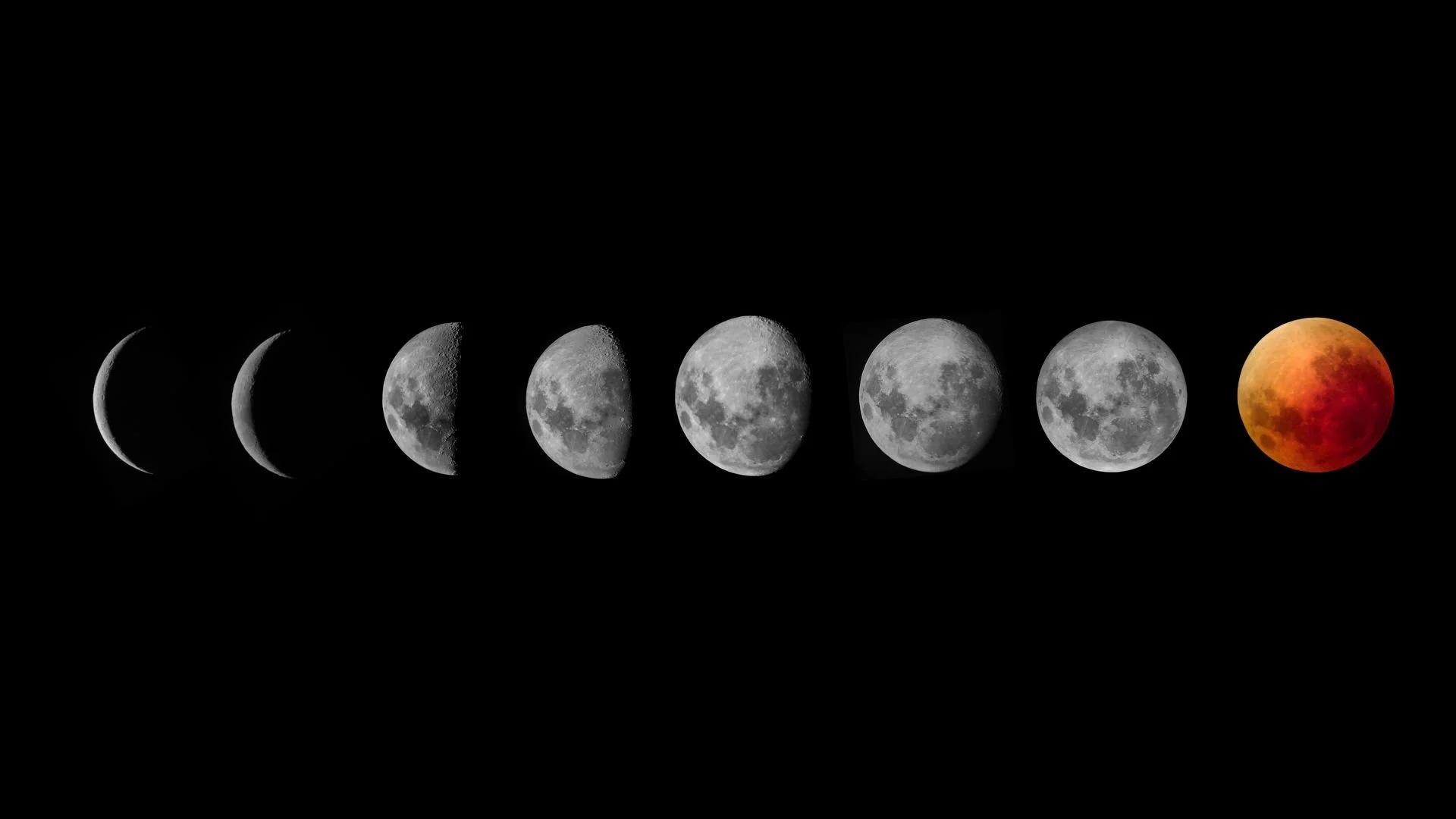 Sequence of moon phases showing changing stages against a black background symbolizing a cycle transition.