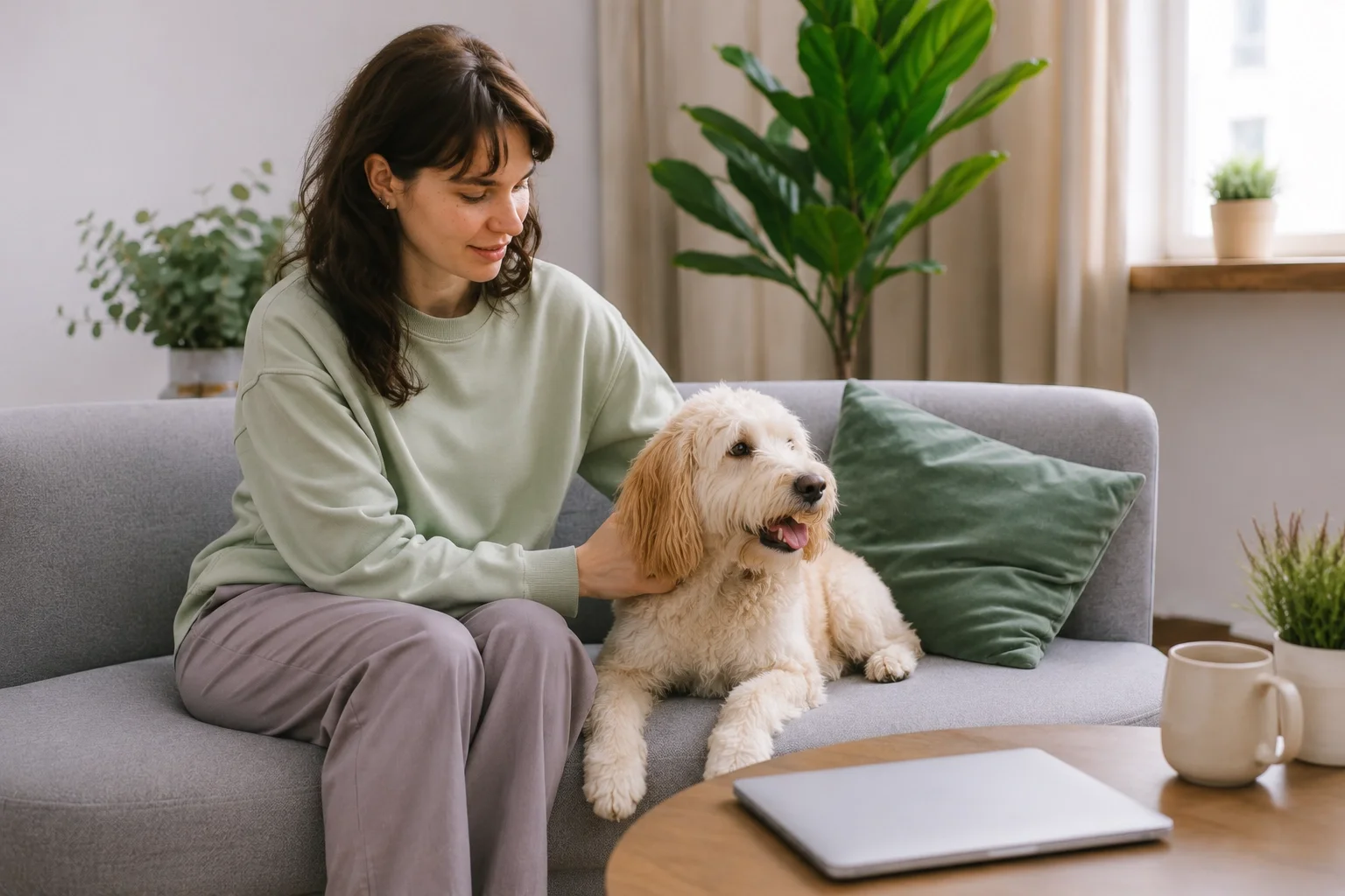 Woman sitting with her dog after an online counselling session at home, showing emotional steadiness and reconnection with daily life.