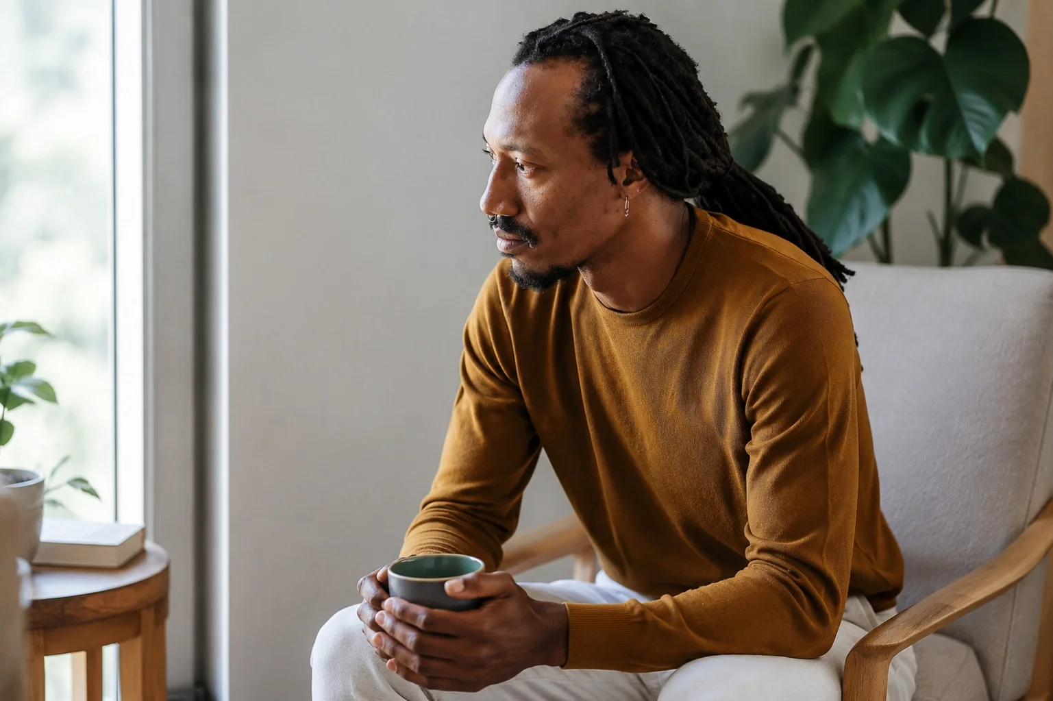 Man sitting quietly with a mug and reflecting during the grief recovery process, representing grief counselling support in Alberta.