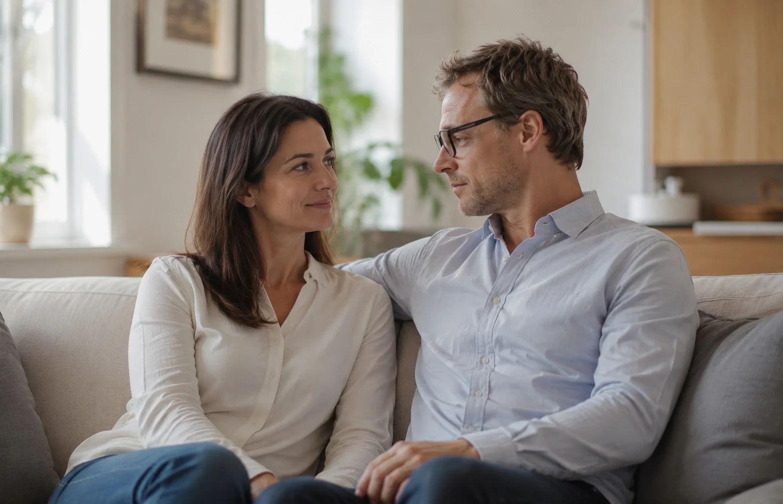 Couple sitting together on a couch sharing a calm and connected moment after relationship conflict.