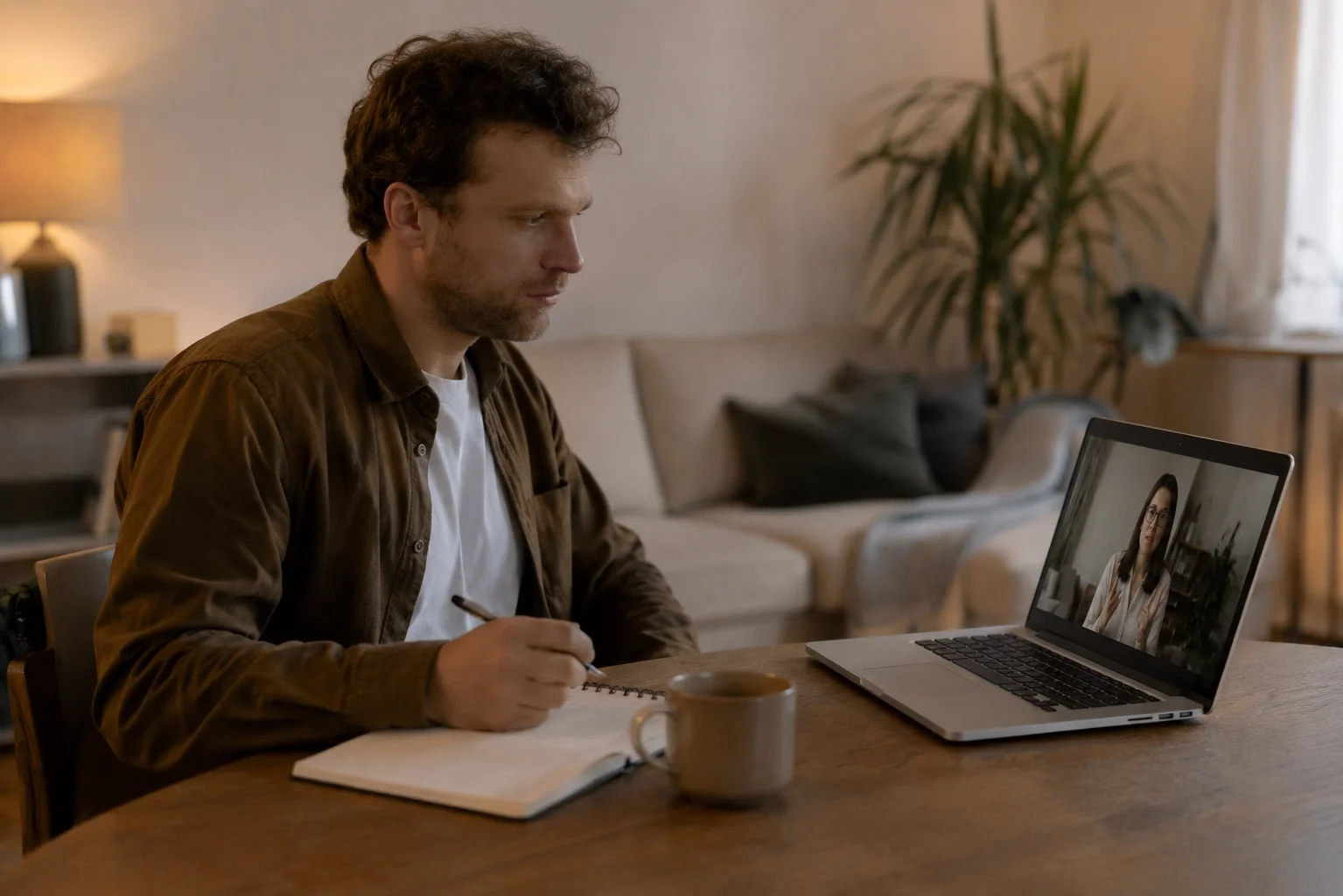 Man participating in an online depression counselling session from home while taking notes.