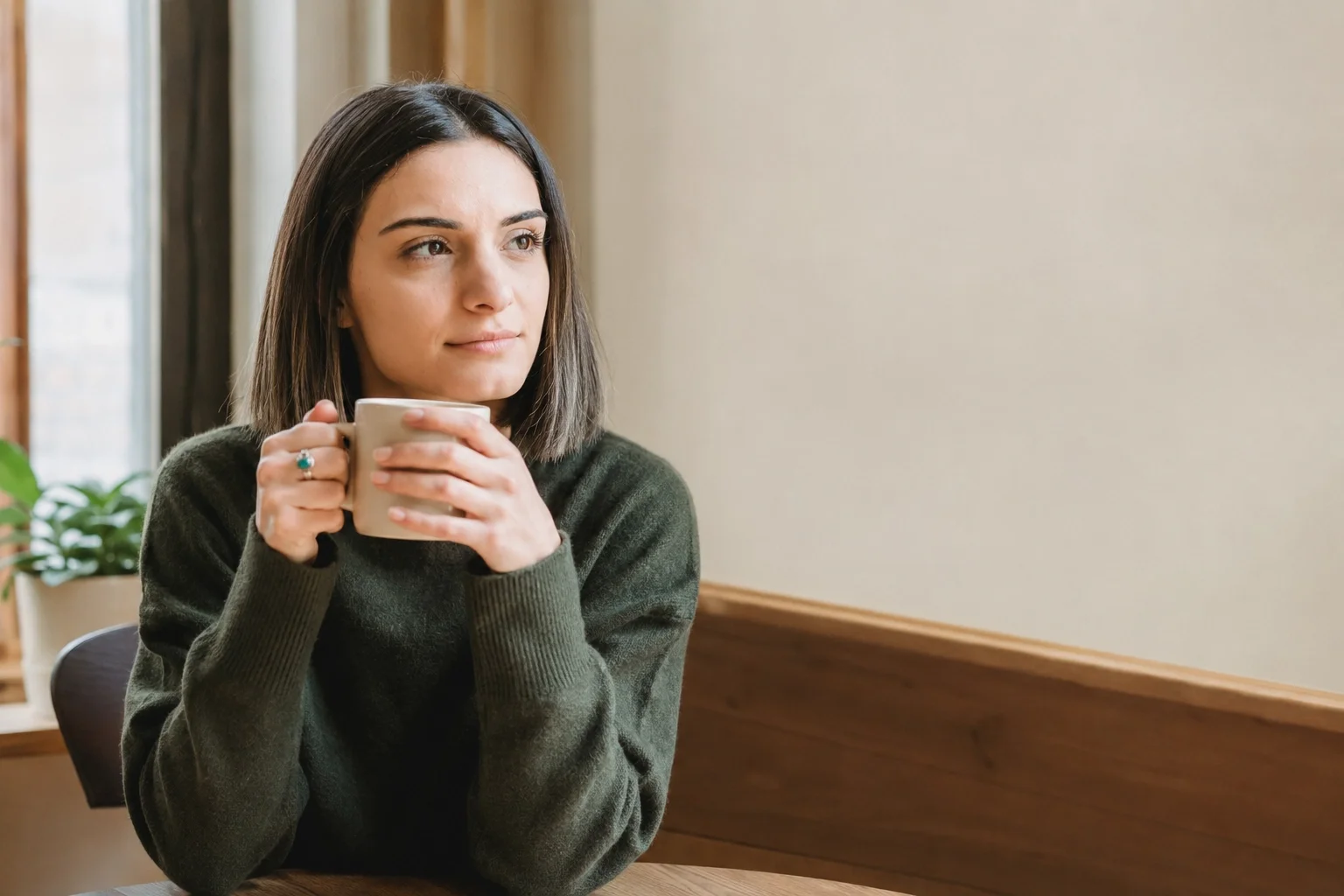 Woman sitting calmly with a warm drink appearing more emotionally grounded and present after trauma counselling support