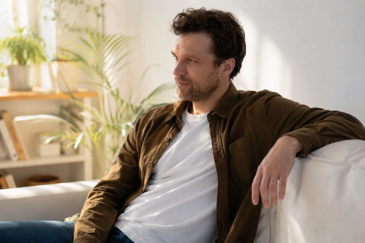 Man sitting on a couch appearing more relaxed and emotionally present after depression counselling.