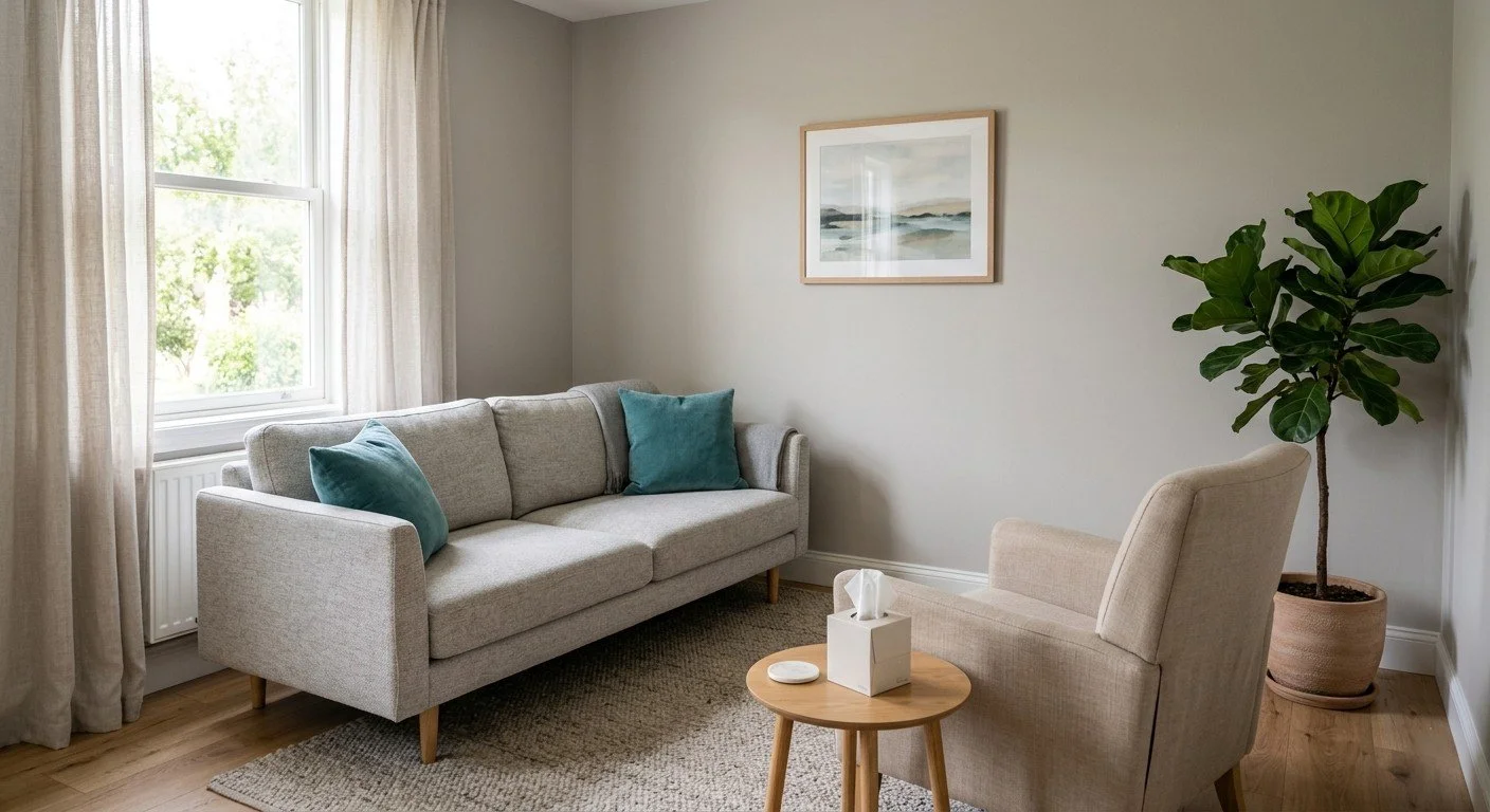 Empty therapy office with grey couch, armchair, soft natural light, and neutral decor, representing a calm counselling environment for a first therapy session in Alberta