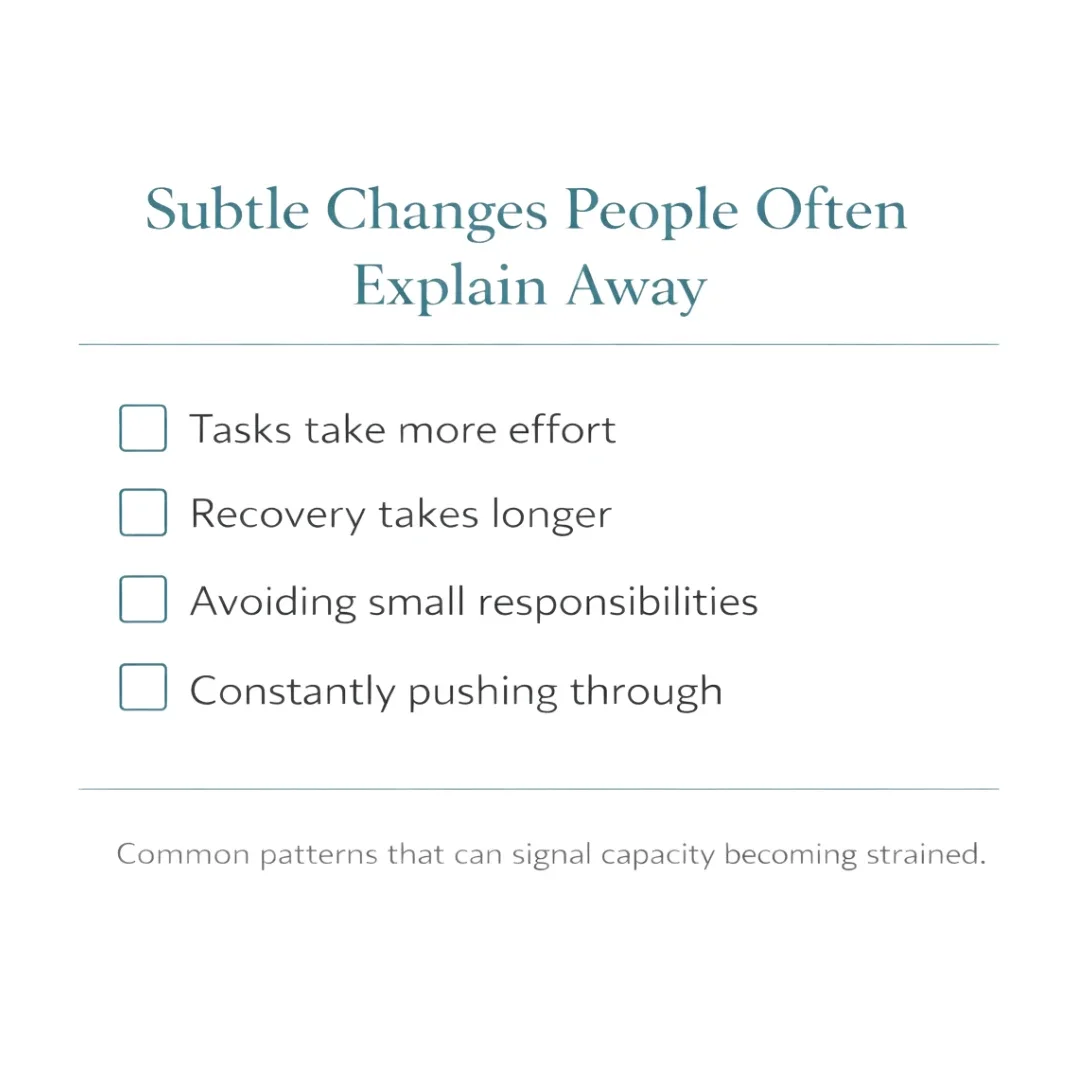 “A checklist graphic titled ‘Subtle Changes People Often Explain Away,’ showing common signs that depression is affecting daily functioning.