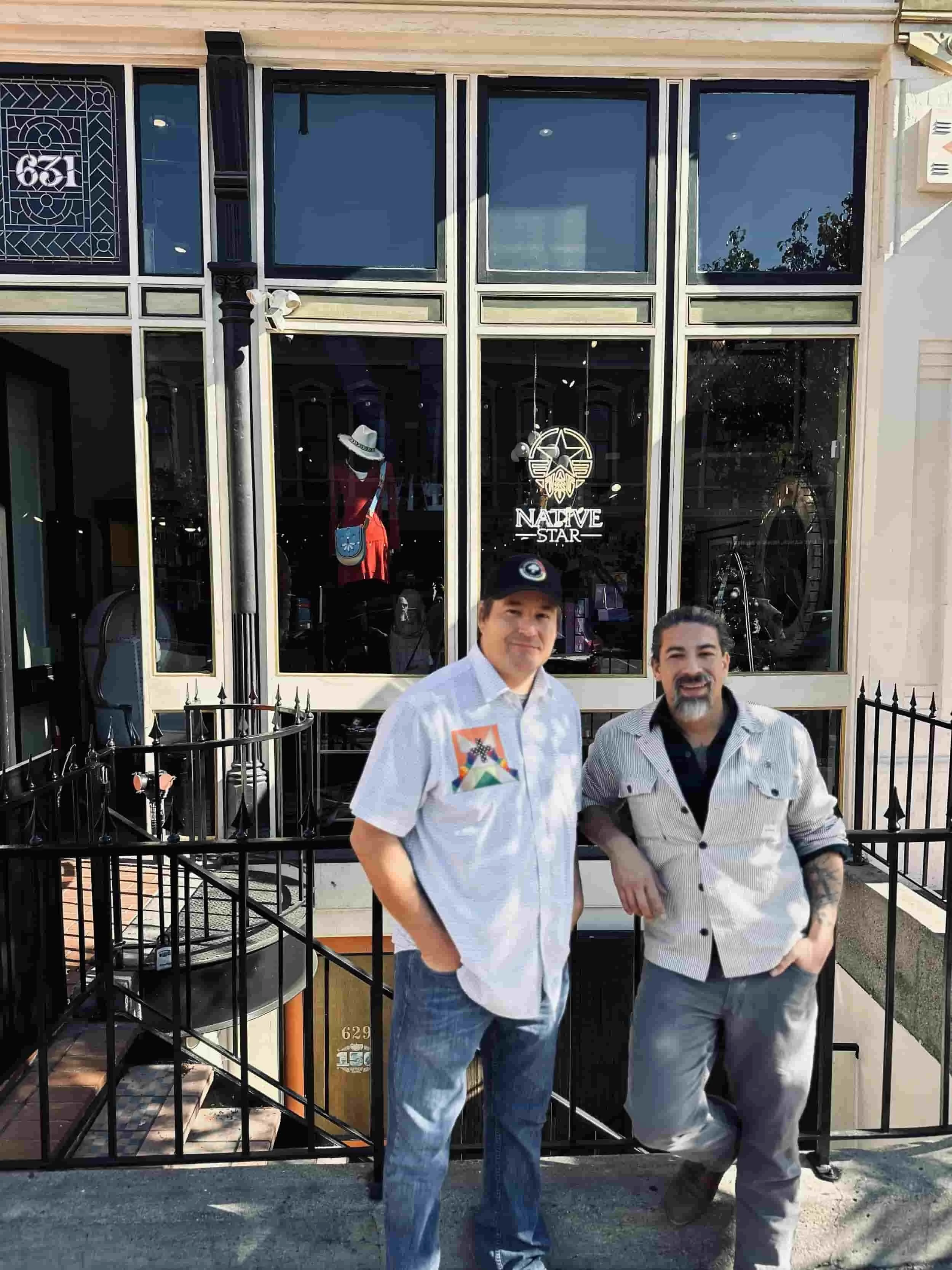 Hunter and Arrow, founders of thundermaker wellness standing in front of Native Star shop in California