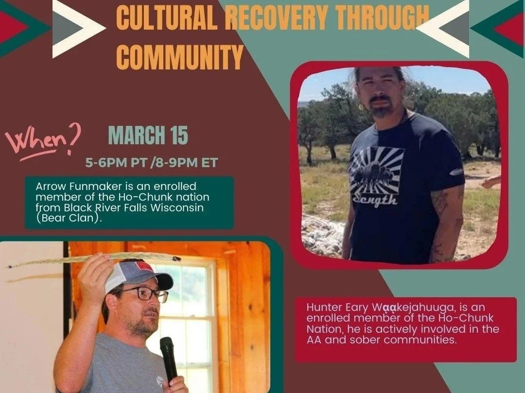 A poster about a community event titled "Cultural Recovery Through Community" scheduled for March 15 from 5-6 PM PT and 8-9 PM ET. The poster features two photos of men and descriptive text about their backgrounds. The top right photo shows a man outdoors with trees in the background, wearing a dark T-shirt. The bottom left photo depicts a man indoors, speaking into a microphone, wearing glasses, a baseball cap, and a gray shirt.
