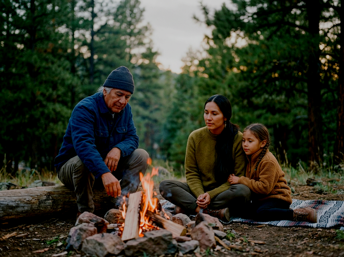 A grandfather, a mother, and a young girl sitting together around a campfire in a pine forest