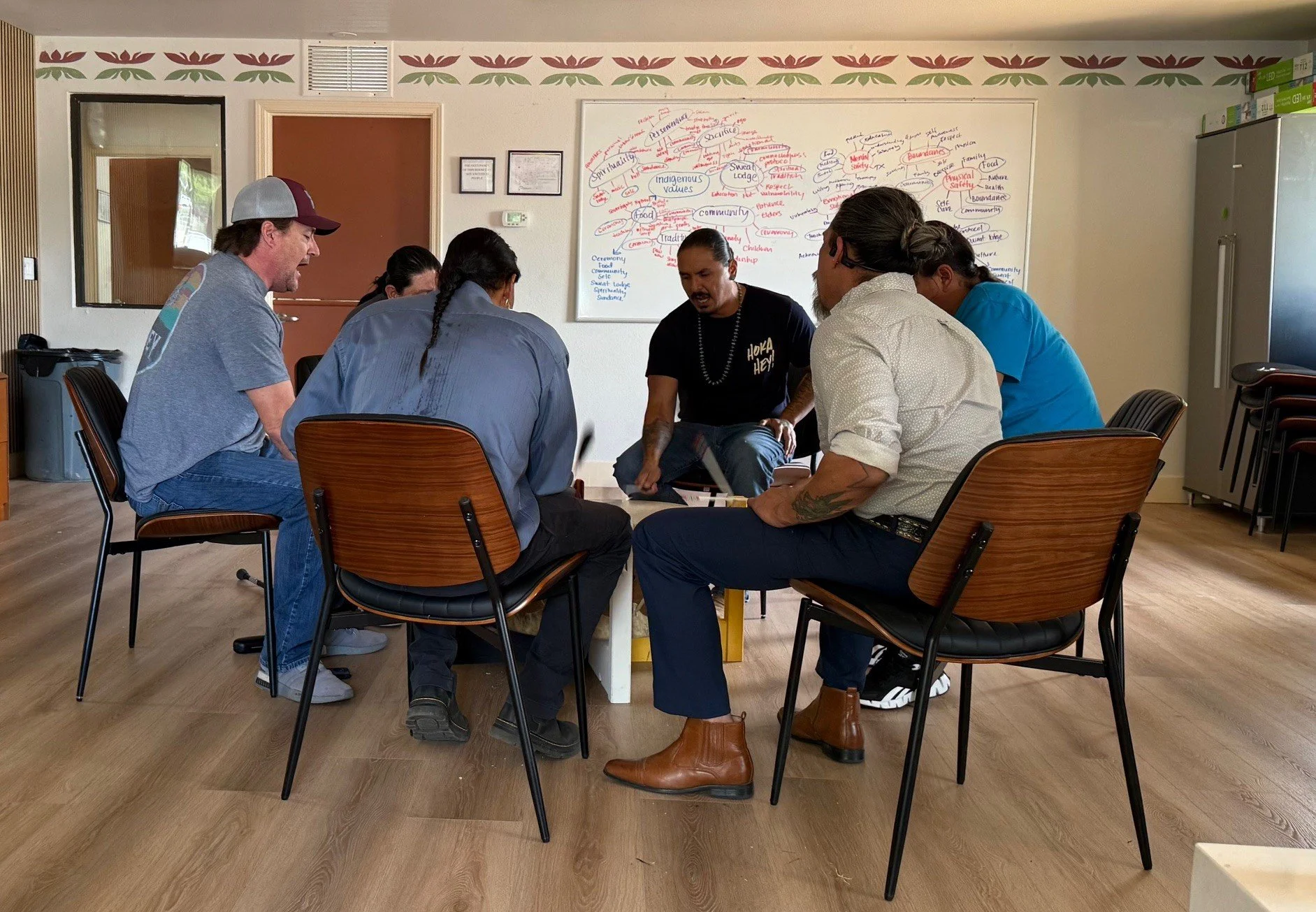 native american men drumming in a circle