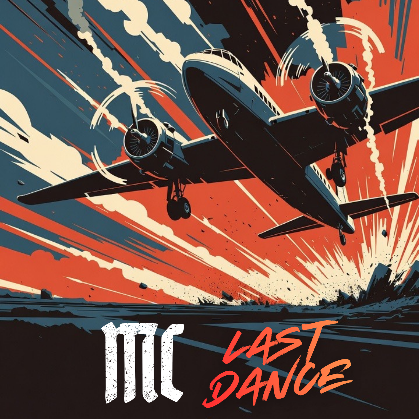 A vintage airplane flying away from an explosion or bright light in the sky, with clouds and smoke in the background. The image has a dramatic, comic-book style with bold colors. The text "III LAST DANCE" is overlaid at the bottom.