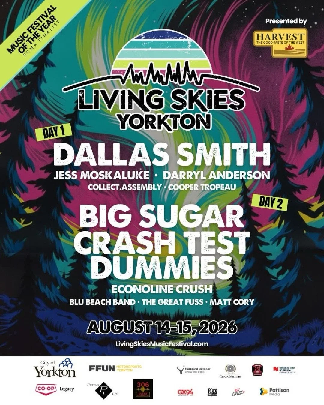We are so pumped to be part of @livingskiesmusicfestival in Yorkton, Saskatchewan this August! 💥

Can&rsquo;t wait to be sharing the stage with all these fantastic bands!! 

We&rsquo;ll be playing Day 2 with 
@big_sugar_music 
@crashtestdummiesoffic