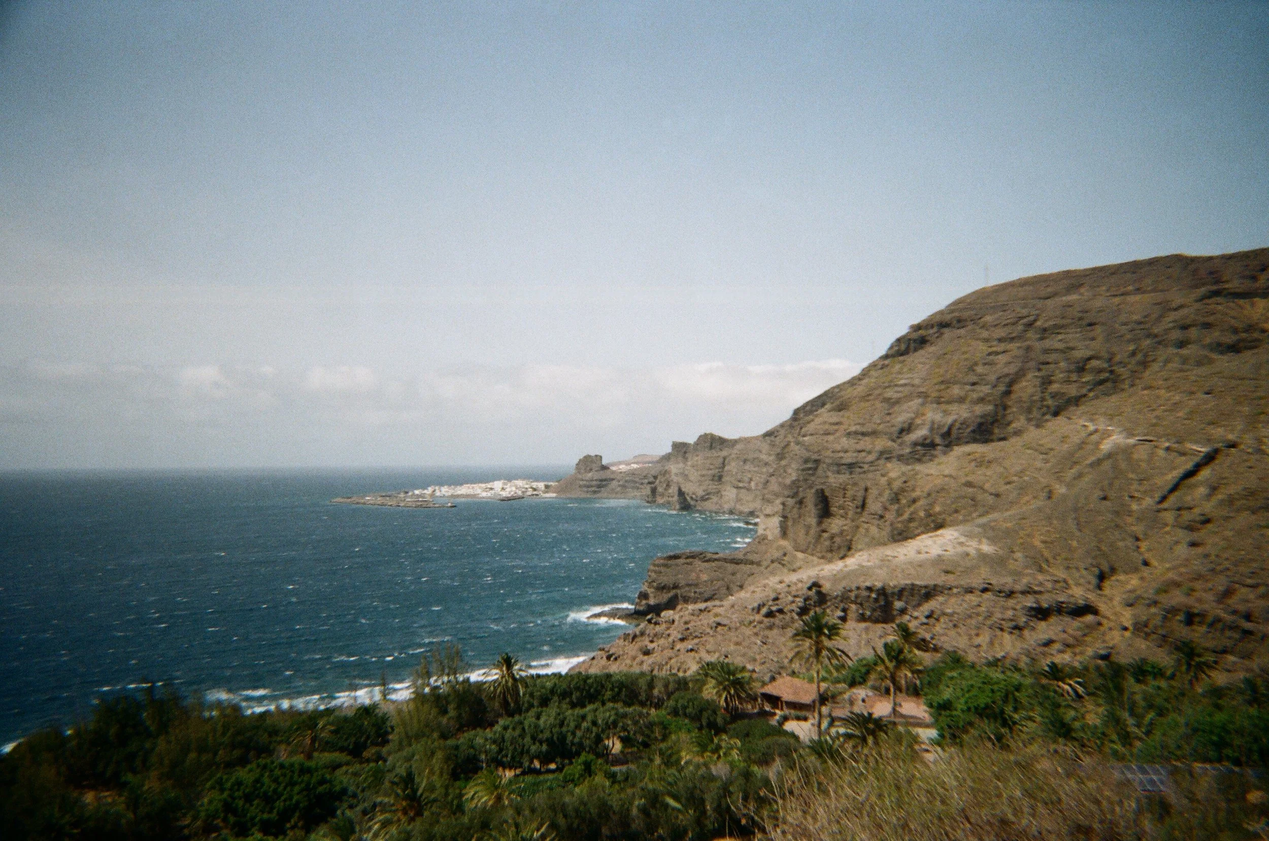Paesaggio costiero con scogliere, mare e vegetazione tropicale, sotto un cielo nuvoloso.