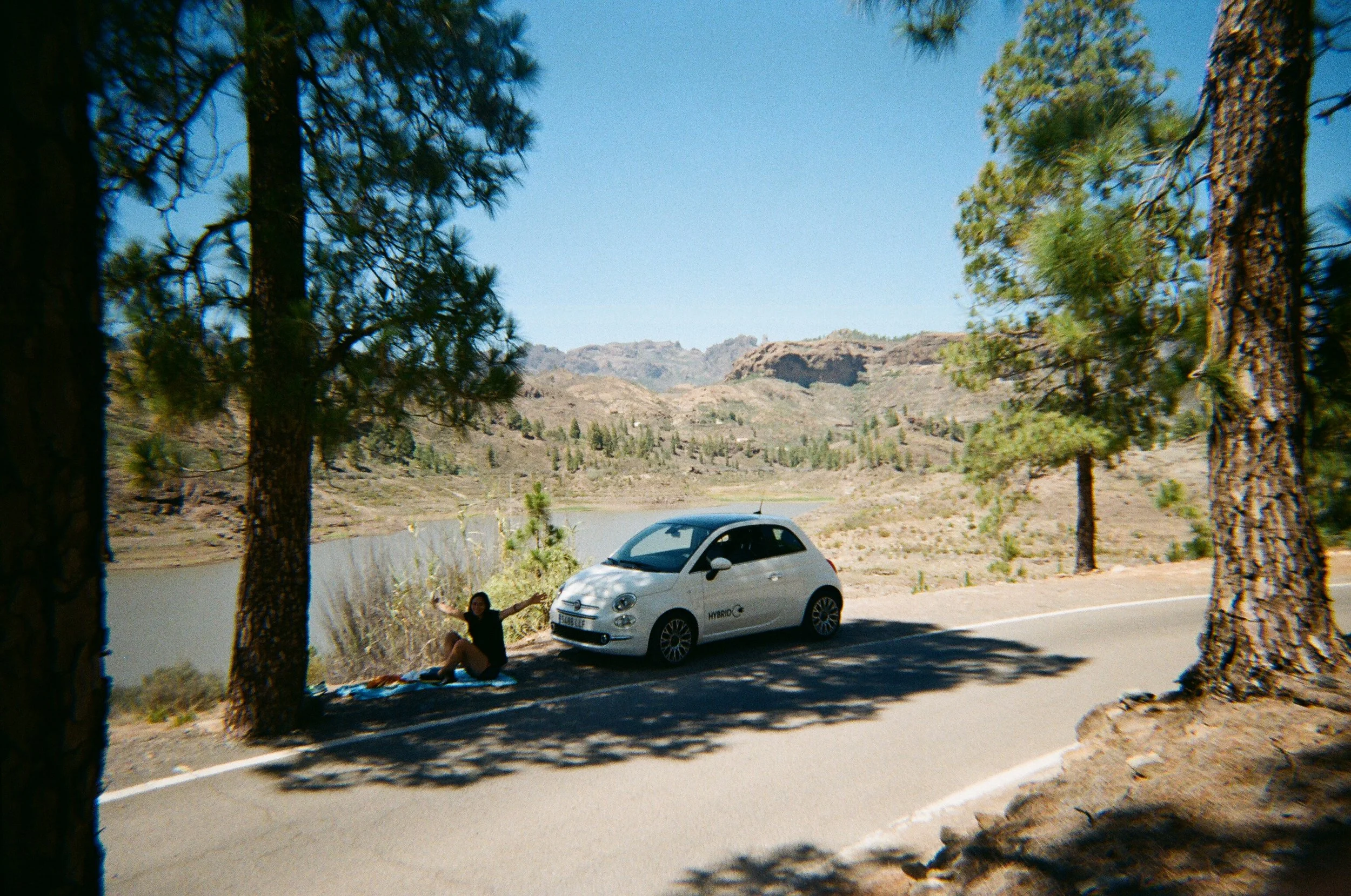 Una ragazza seduta vicino a un'auto ibrida bianca parcheggiata lungo una strada in un'area montuosa con alberi e un lago in background in un giorno soleggiato.
