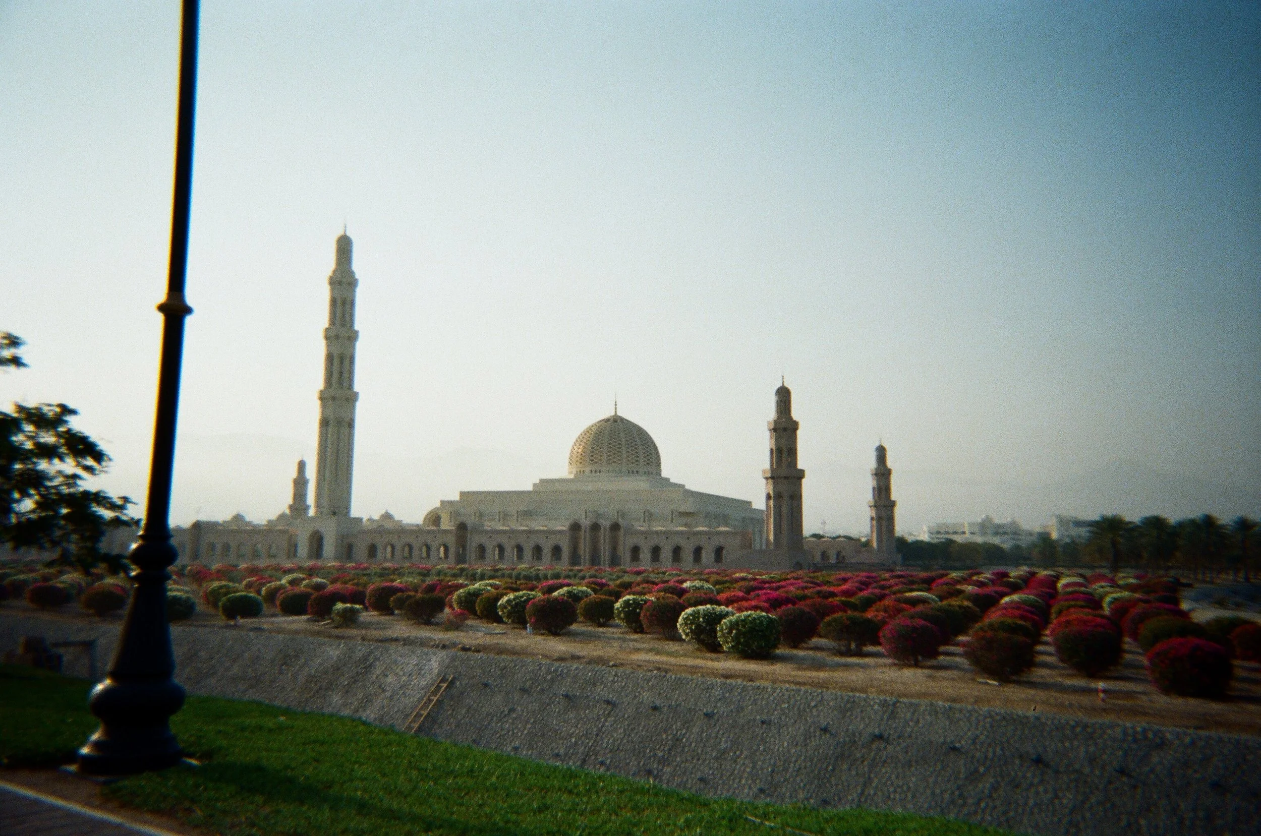 Moschea di Sultan Qaboos con un giardino di arbusti colorati e lampioni in prima piano, al tramonto