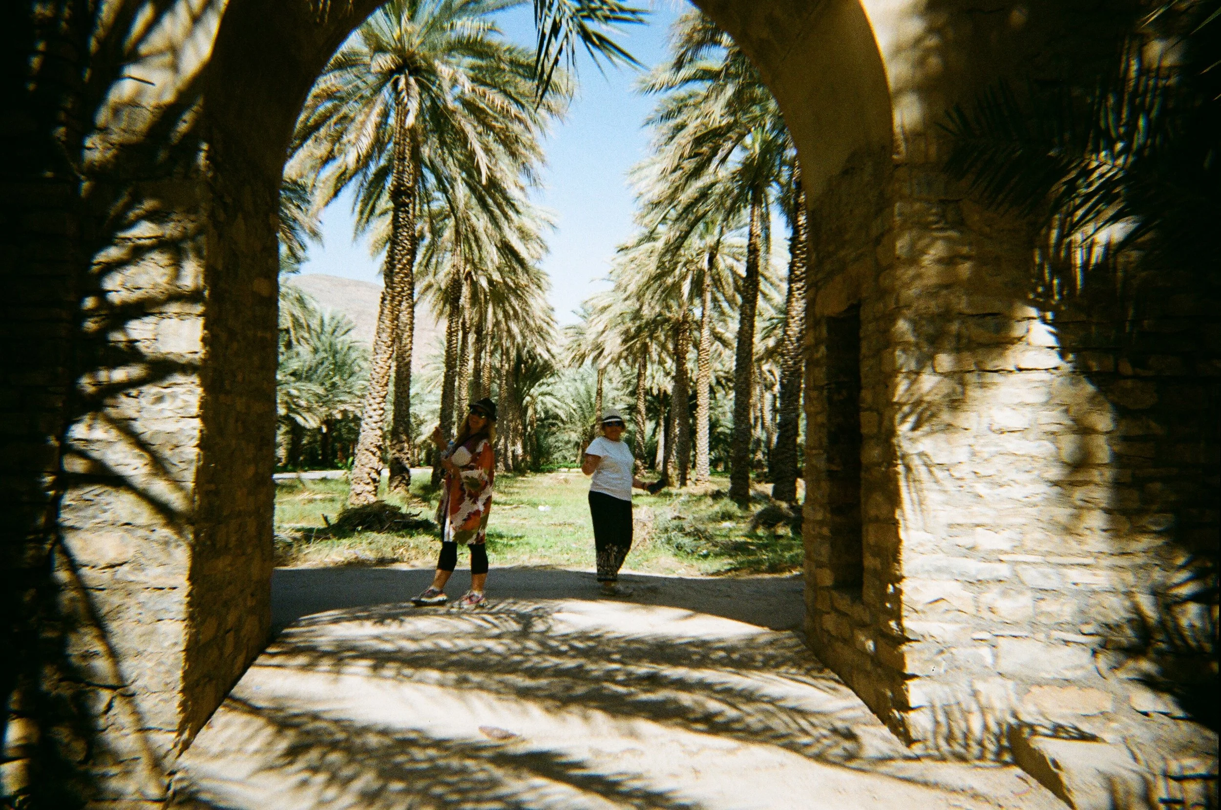 Due donne camminano tra palme in un giardino coloniale, visto attraverso un arco in pietra che crea ombre sull'asfalto.