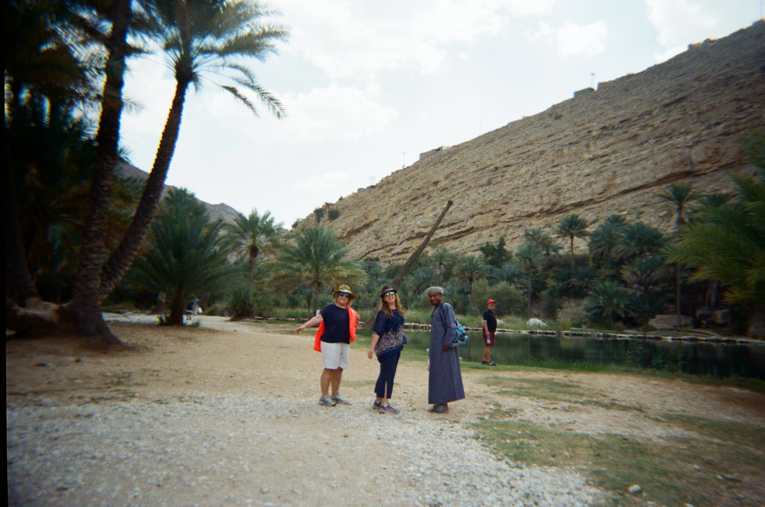 Gruppo di turisti che si trovano in un'oasi verde con palme, vicino a un laghetto, con montagne sullo sfondo.