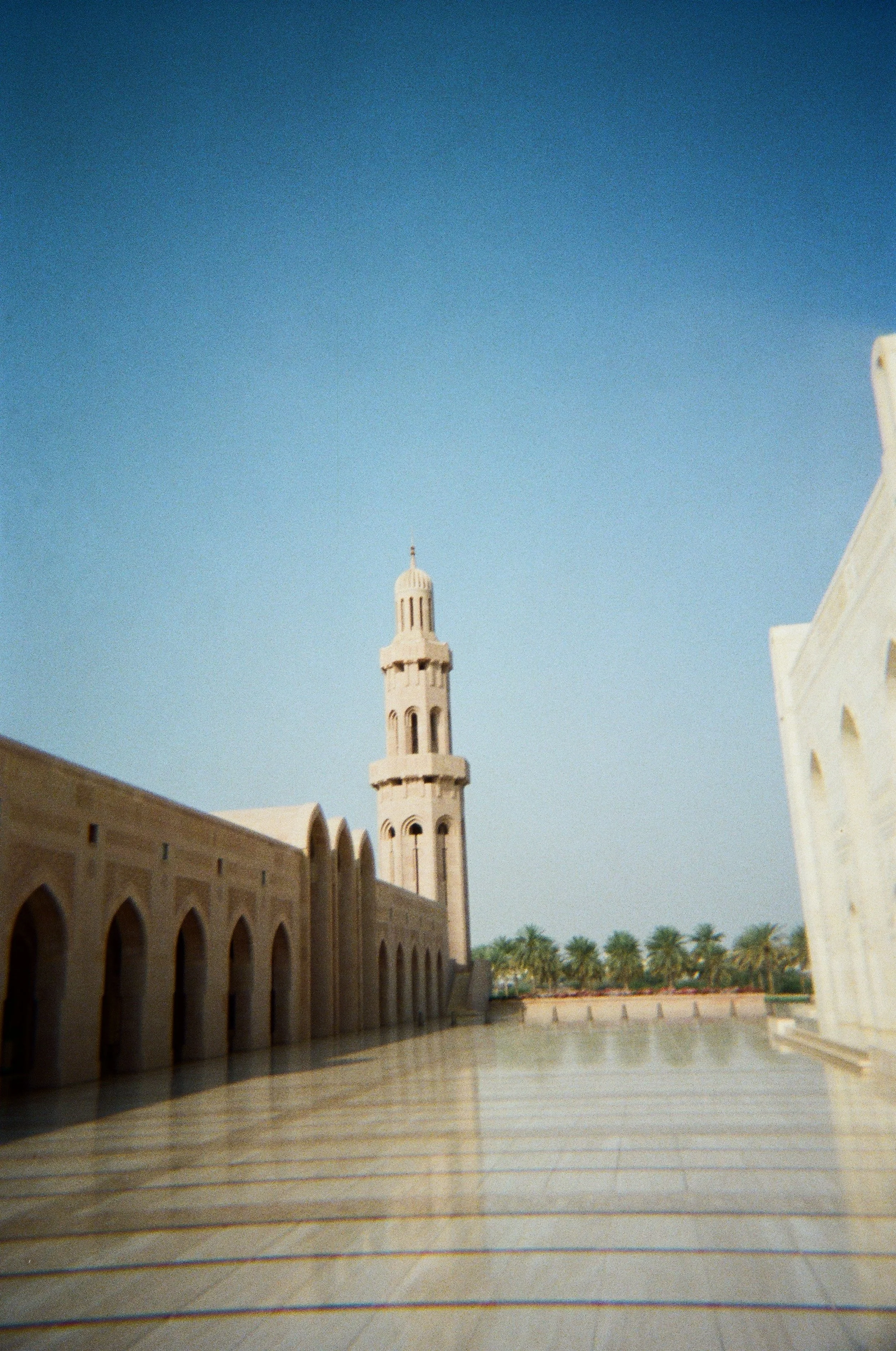 Vista di un edificio in stile arabo con una torre e palme sullo sfondo, sotto un cielo chiaro