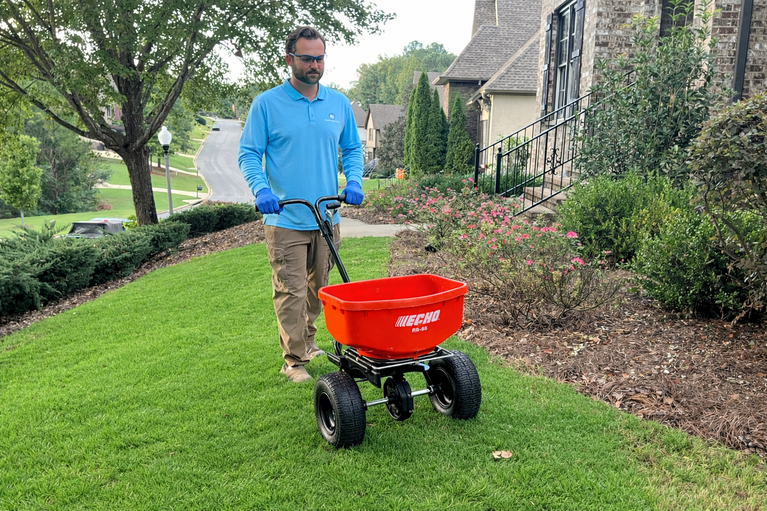 Spreading fertilizer with orange spreader cart