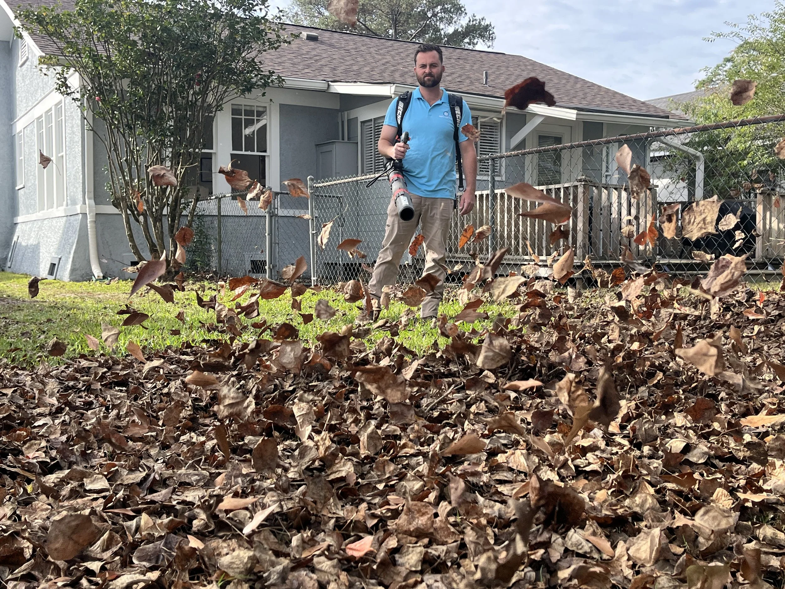 Blowing leaves with leaf blower