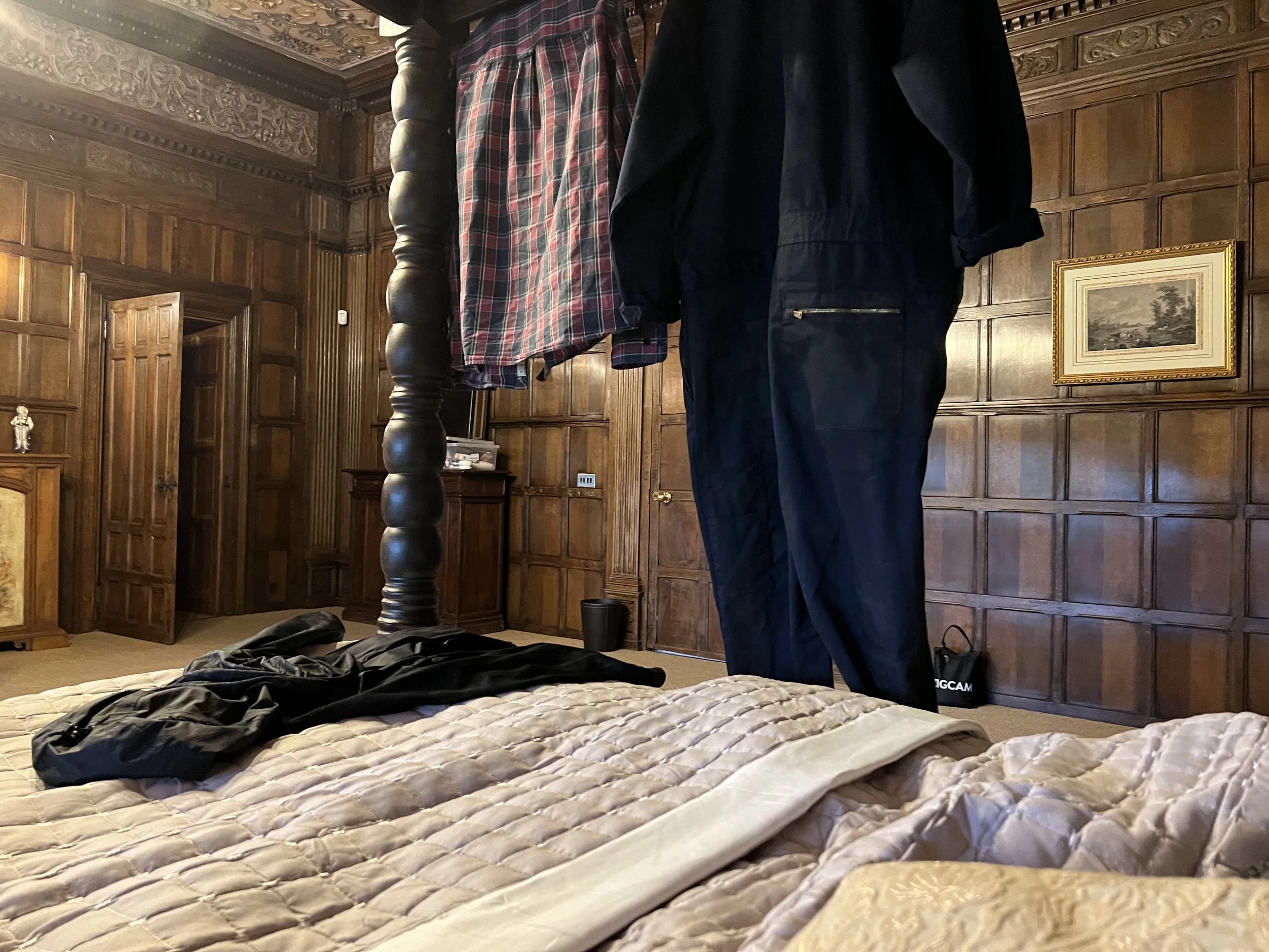 My actual clothes hanging up in the green room (they said don't use the bed so don't tell them about this!)