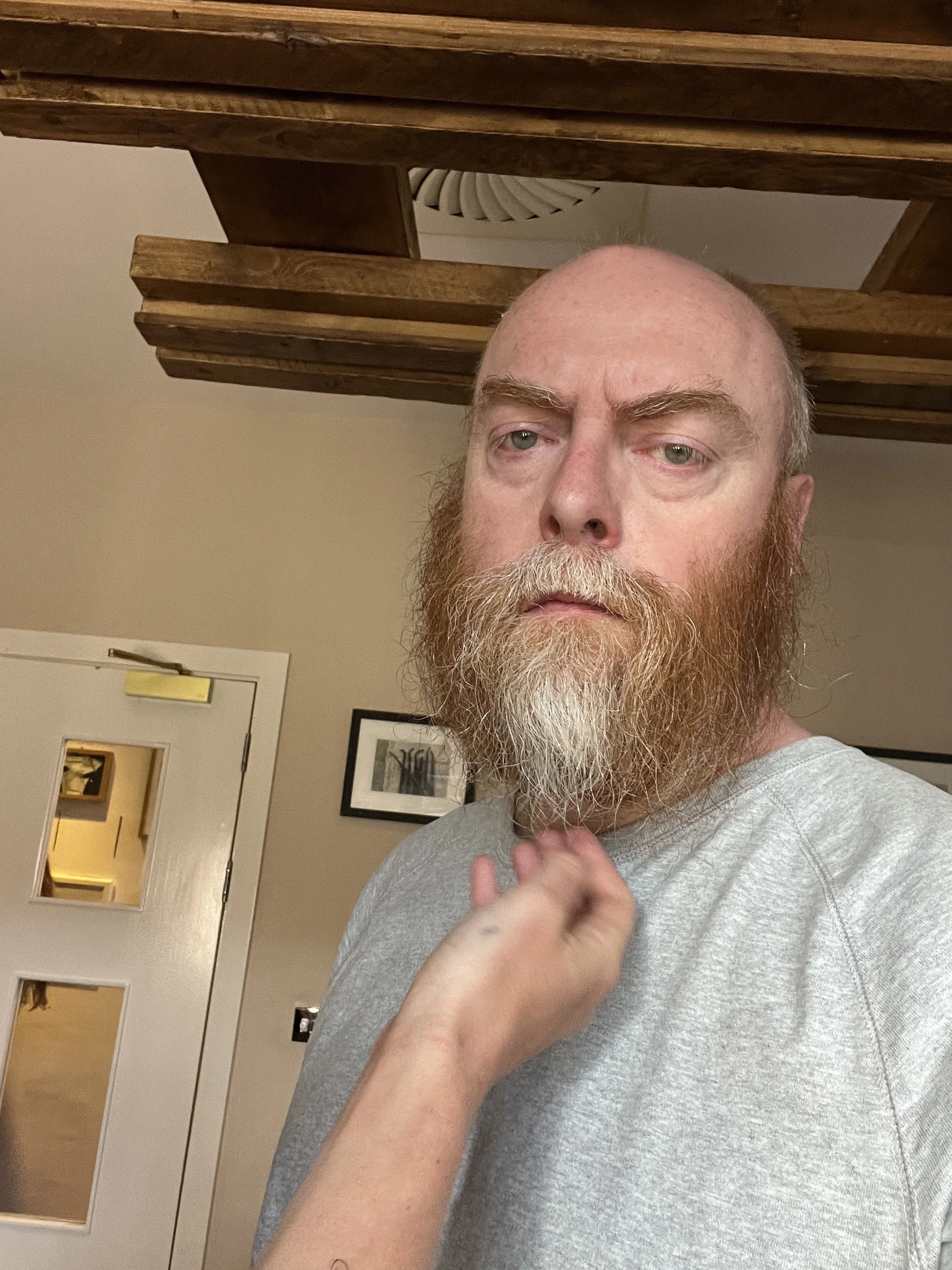 Day 3. Deanston Distillery. How to hide a beard. Tie it up and tuck it into itself. Easy with good MUAs