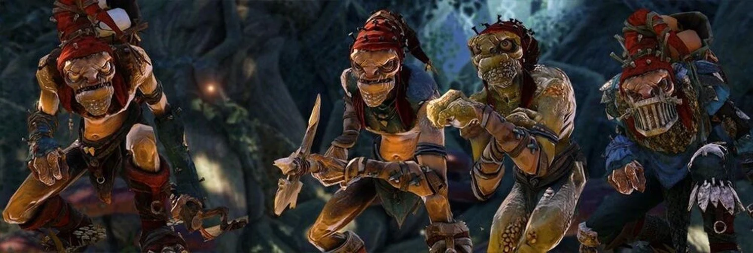 Four goblin-like creatures in tribal attire, wielding weapons, in a dark jungle setting.