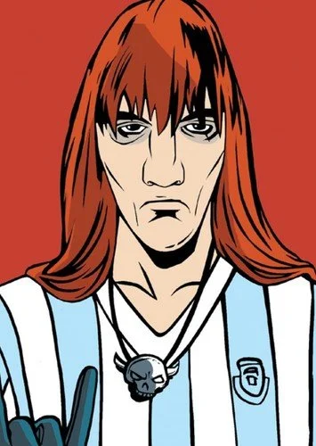 Illustration of a young woman with long, reddish-brown hair, wearing a striped soccer jersey and a necklace with a skull pendant, against a red background.