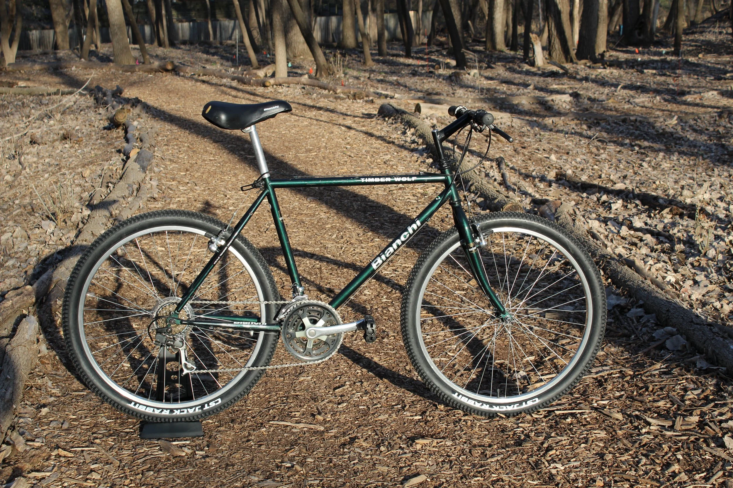 A Bianchi Timber Wolf mountain bike on a wooded trail.