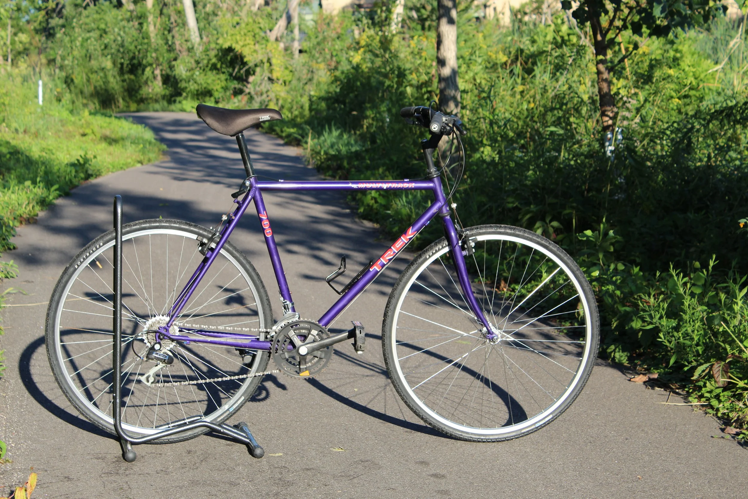 Purple bicycle on a paved path surrounded by greenery.