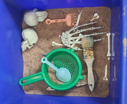 Preschool child using a sifter and brush to dig plastic bones out of a sand-filled sensory bin during a hands-on fossil exploration activity.