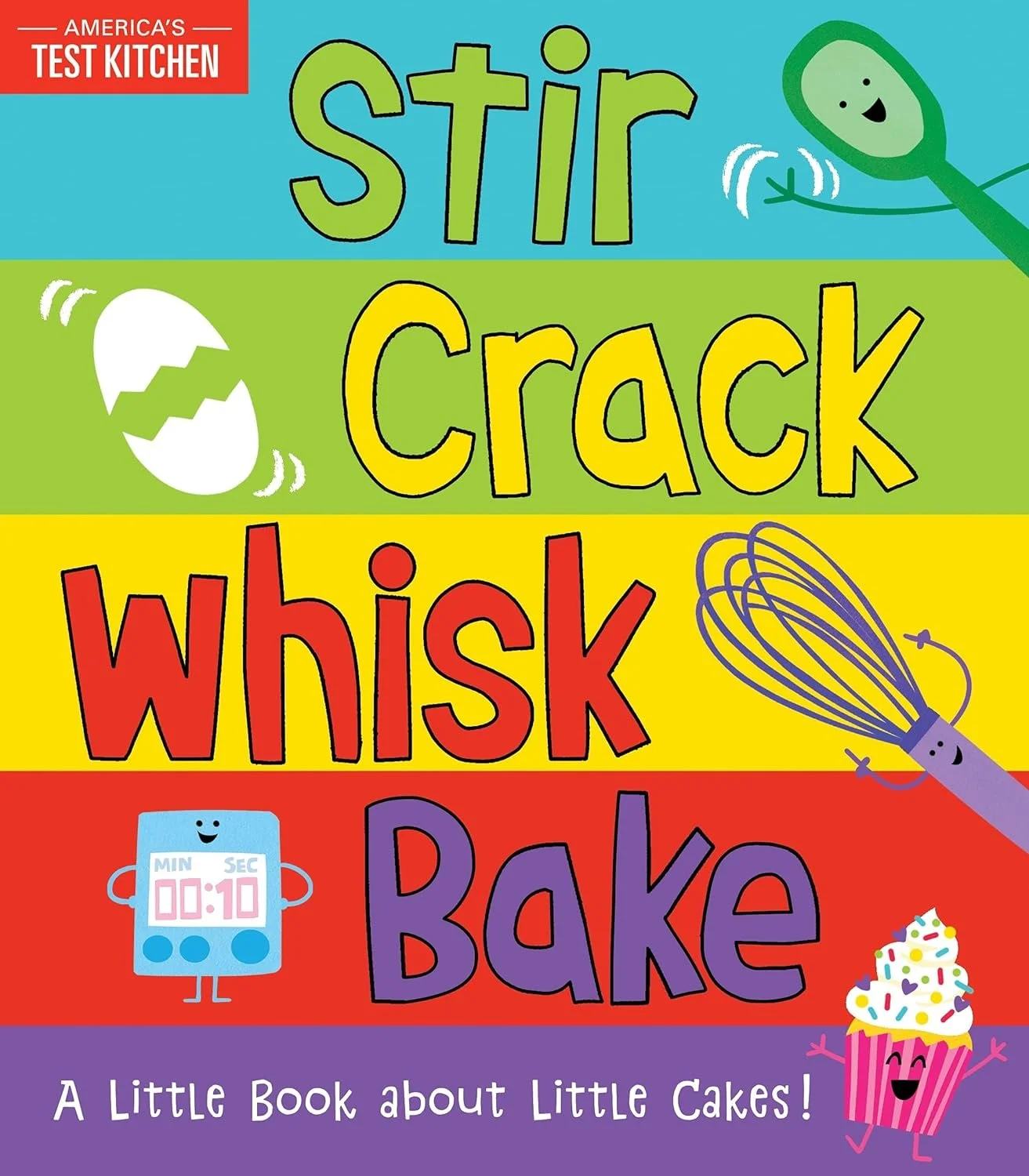 Colorful board book cover featuring cooking tools (whisk, spoon, bowl) and simple cooking actions.
