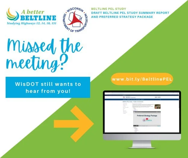 Have thoughts on the future of the Beltline? Couldn't attend WisDOT's Beltline Planning and Environment Linkages (PEL) Study meeting last month? You still have time to weigh in! 

Share your feedback with WisDOT by January 15. More information: https