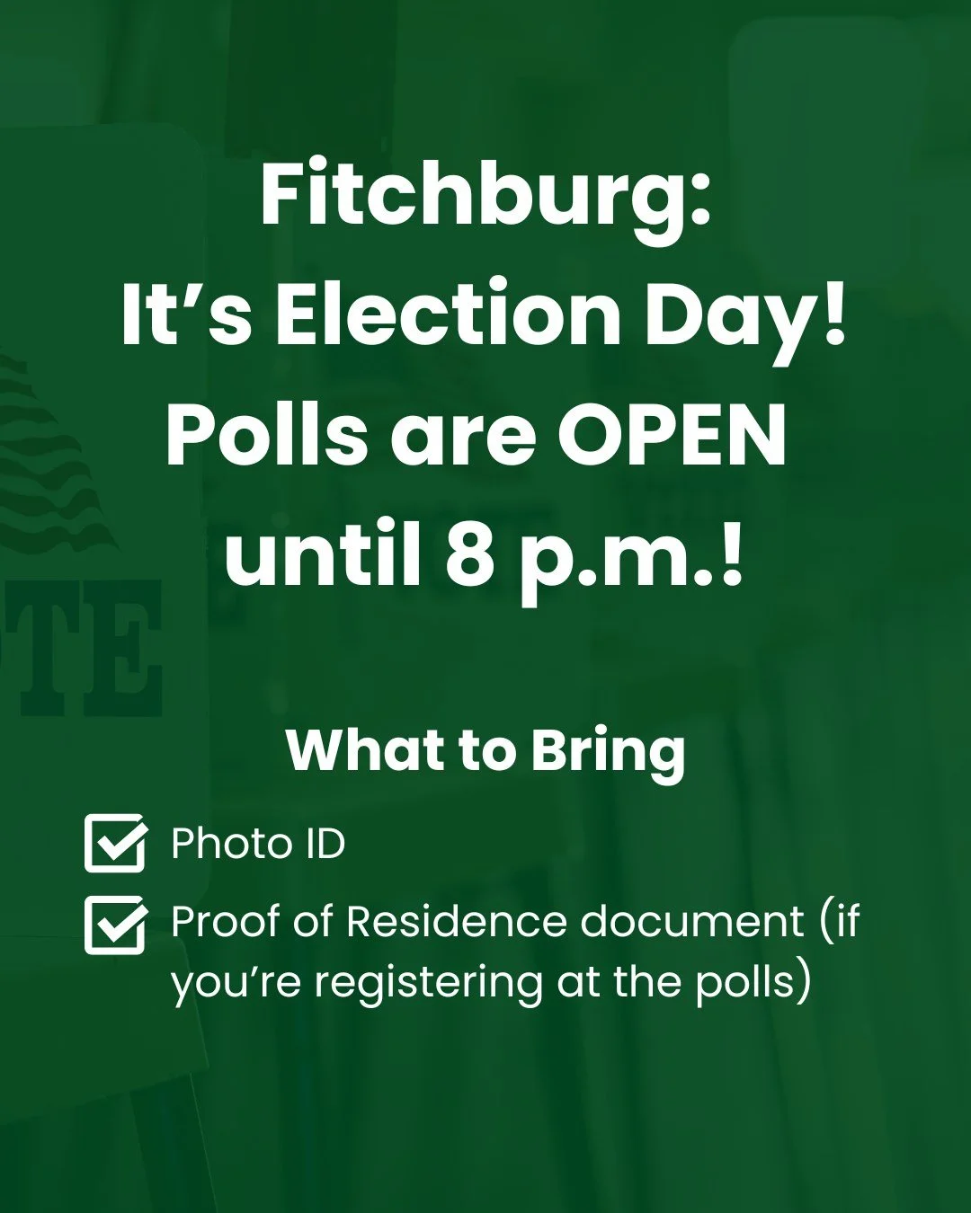 It's Election Day in Fitchburg!

Polls are now open until 8 p.m. Most District 3 residents west of Syene Road (except the Northern Lights Village community) vote at the Fitchburg Community Center, while most residents east of Syene Road (except parts