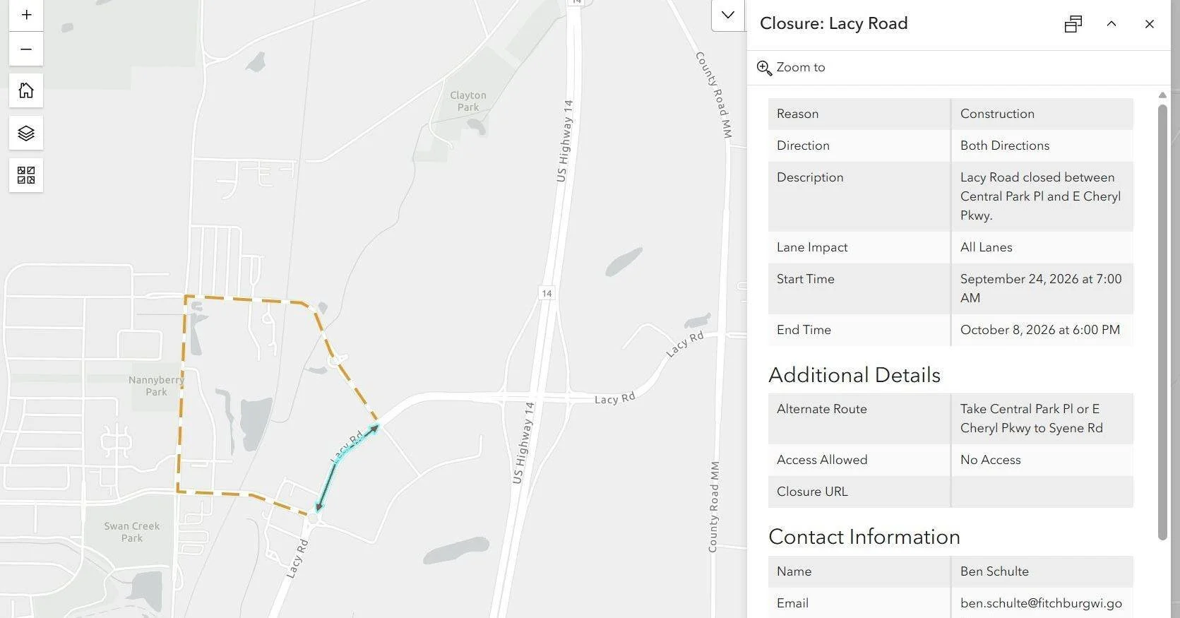 🚧 LACY ROAD TEMPORARY CLOSURE 🚧

Lacy Road is scheduled to be CLOSED in both directions between East Cheryl Parkway and Central Park Place for roughly two weeks beginning on September 24.

Here's what you should know:
📅 Dates: September 24-October