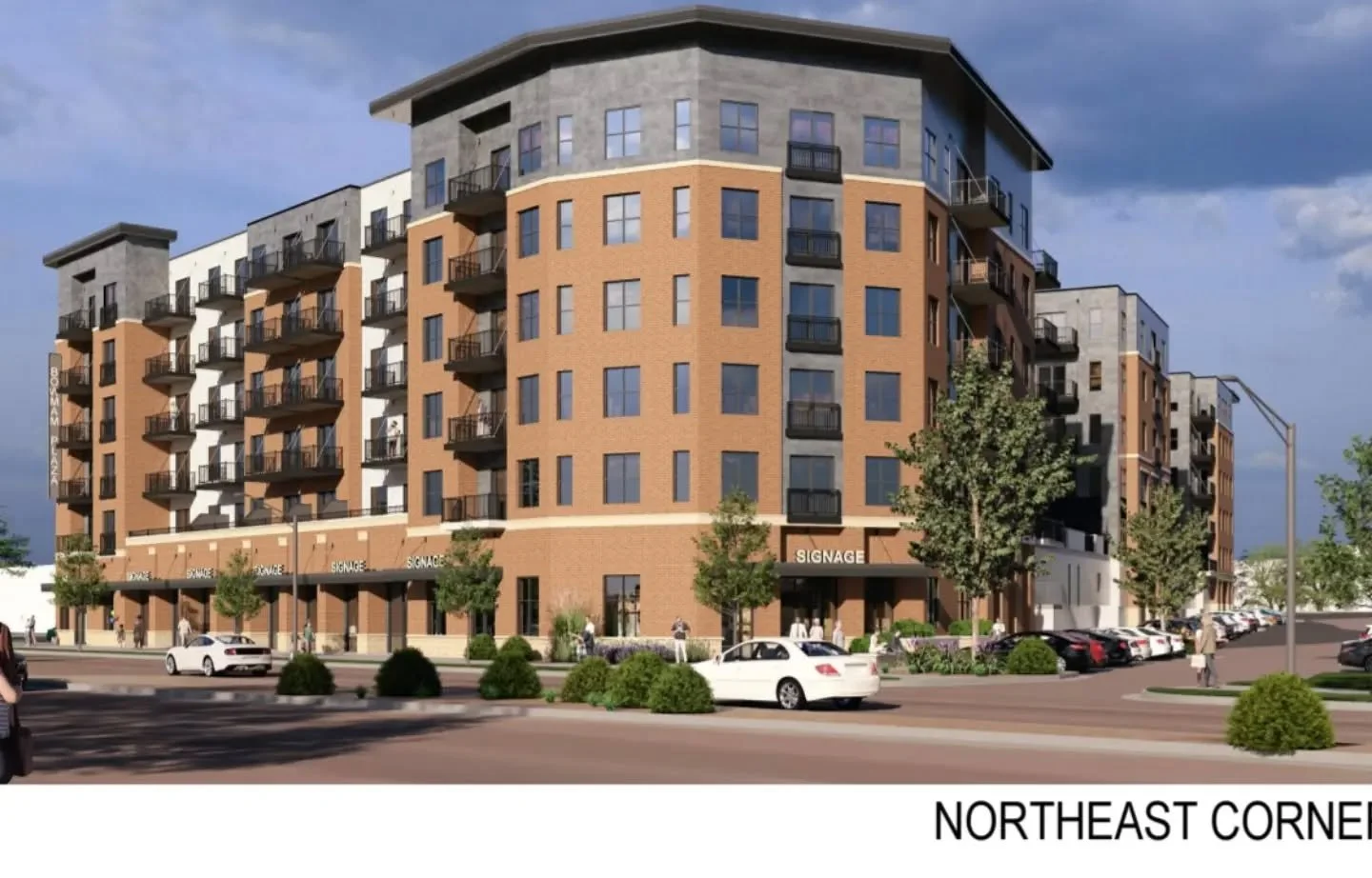 Rendering of a seven-story apartment building with ground level retail