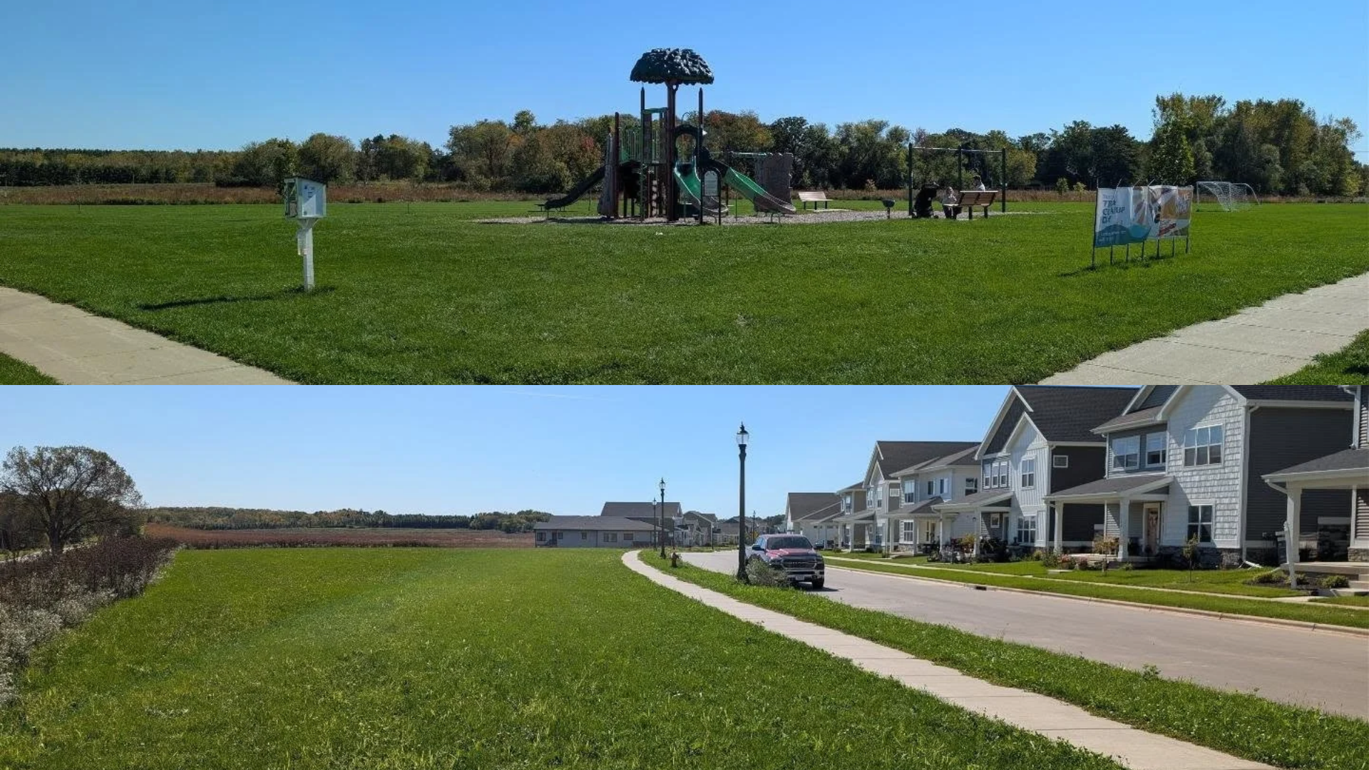Two parks, one with a small playground and one undeveloped