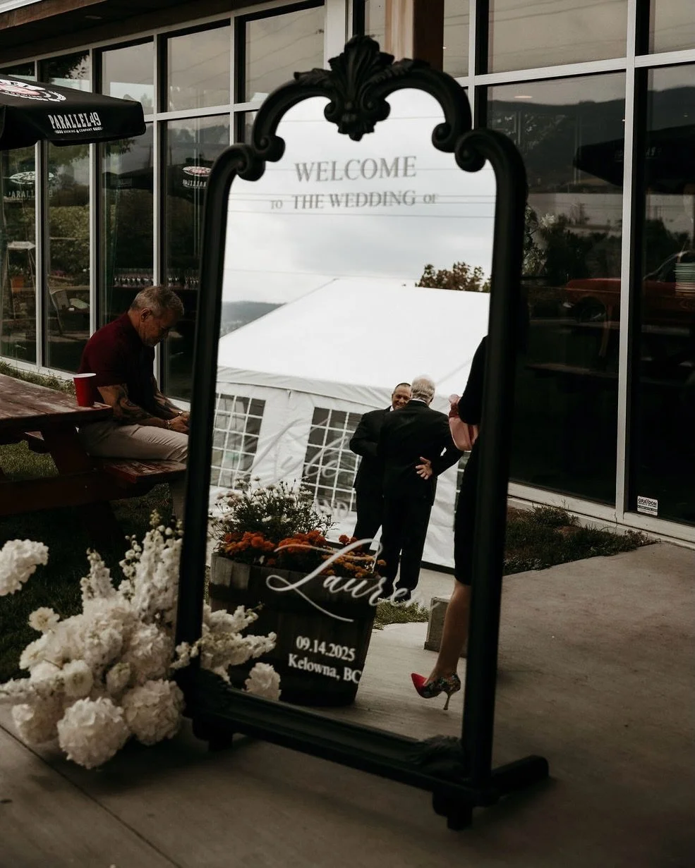 Custom mirror decal designed for L + K's wedding last fall 💍🪞✨

Photos @aliishoots 
Venue @upside.cider 
Florals @jamstudio.ca 
Decal @bypaityn 

#wedding #weddingdesign #weddinggraphics