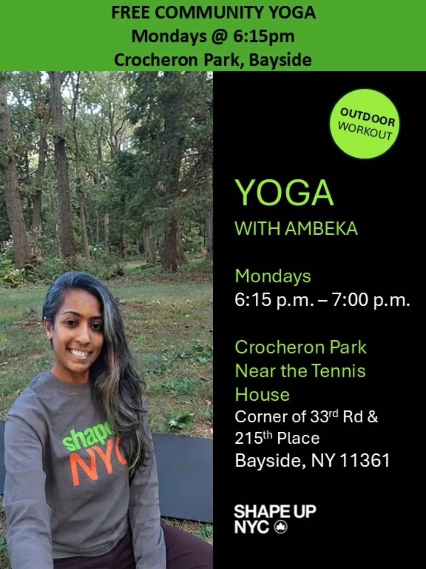 Join me for free community yoga on Monday evenings at 6:15pm. 

All levels are welcome. Bring your yoga mat &amp; water. (Canceled if it's raining)

Hope to see you there!