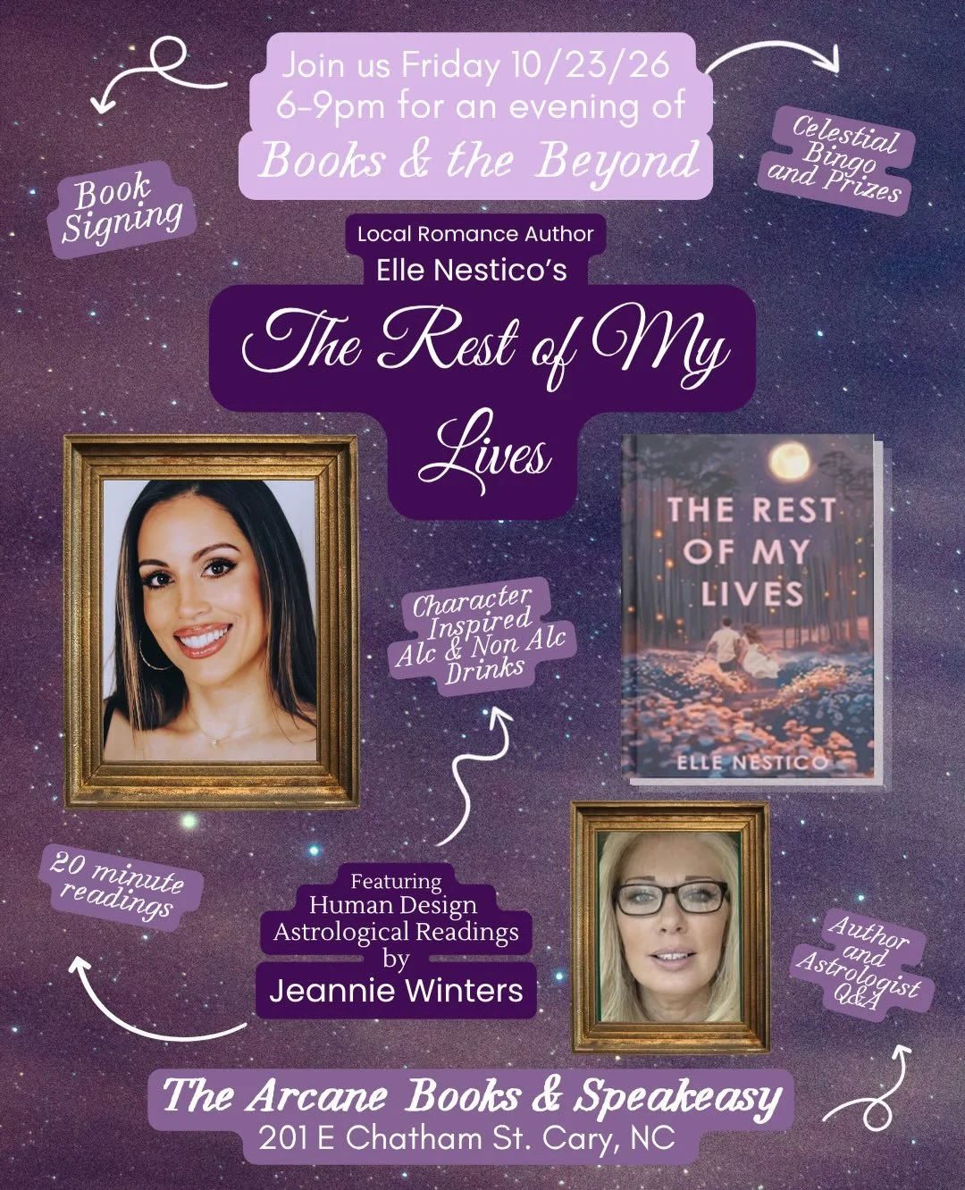 Cary, NC romance readers&mdash;come spend an evening with us among the books and the stars. ✨📚

Join me Friday, October 23 from 6&ndash;9 PM at The Arcane Books &amp; Speakeasy in Cary, NC for Books &amp; the Beyond&mdash;an evening celebrating The 