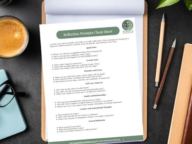 Reflection prompts cheat sheet on a clipboard with coffee, notebook, and pens on a desk