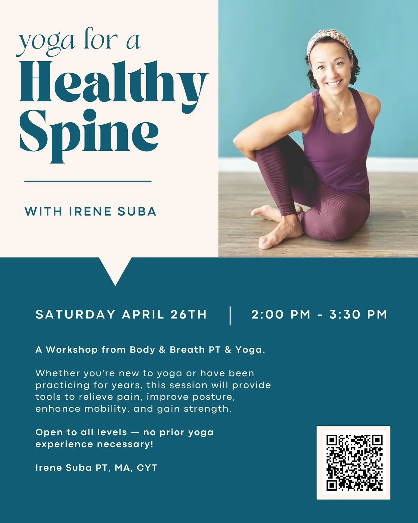 ✨ THIS SATURDAY 4/26 ✨

Join Irene for this amazing workshop! A healthy spine is crucial for overall well-being and yoga is just one of the ways to improve spine health. This workshop is open to all levels and no prior yoga experience is required.

✨