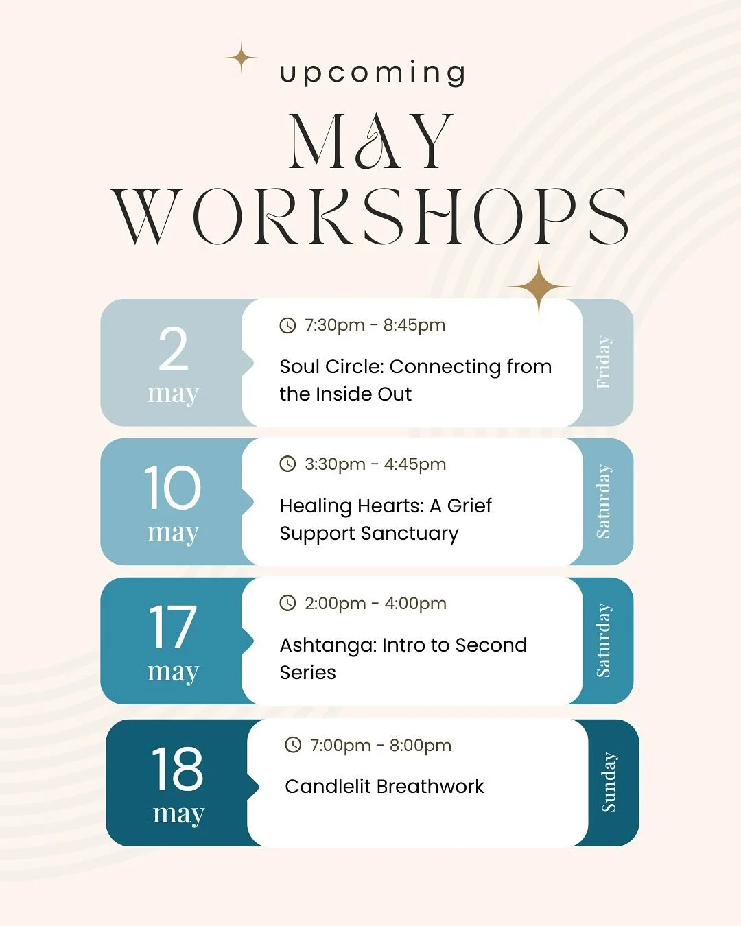 We have MORE MAY WORKSHOPS on the horizon! Check them out + sign up in advance to reserve your spot, these are bound to fill up!

✨ MAY 2nd - Soul Circle with Danielle Porto @consciouslyconnectedyou 
✨ May 10th - Healing Hearts with Morgan Gertler @y