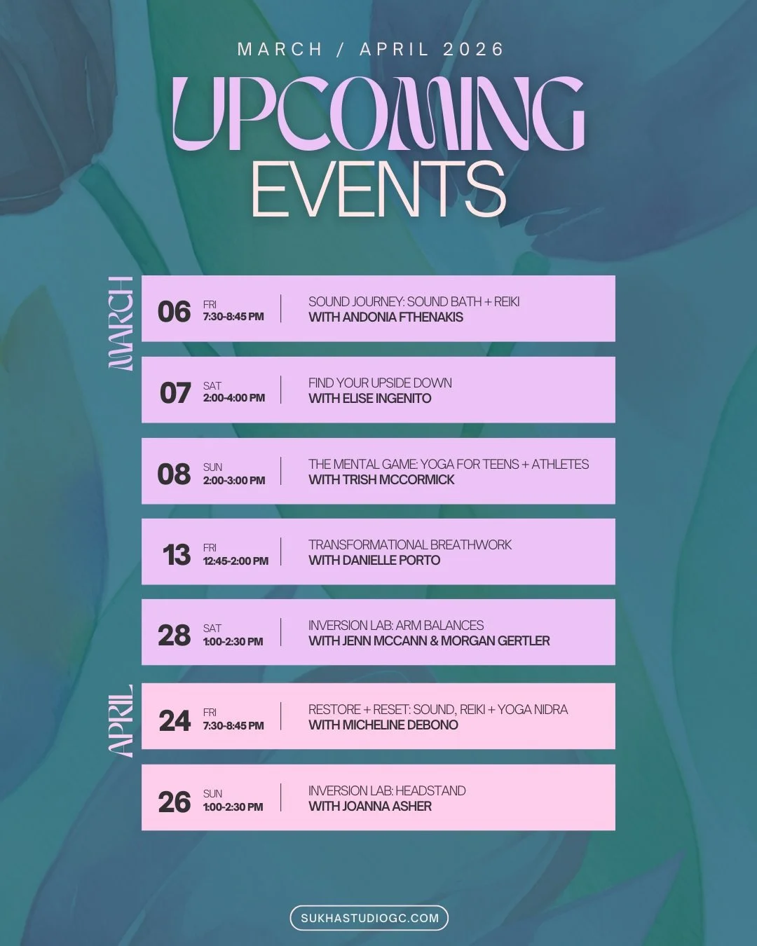 Our schedule is blooming with possibilities 🌷
Check out our upcoming March / April workshops + events.

#yogastudio #longislandyoga #gardencityny #yogacommunity #workshop