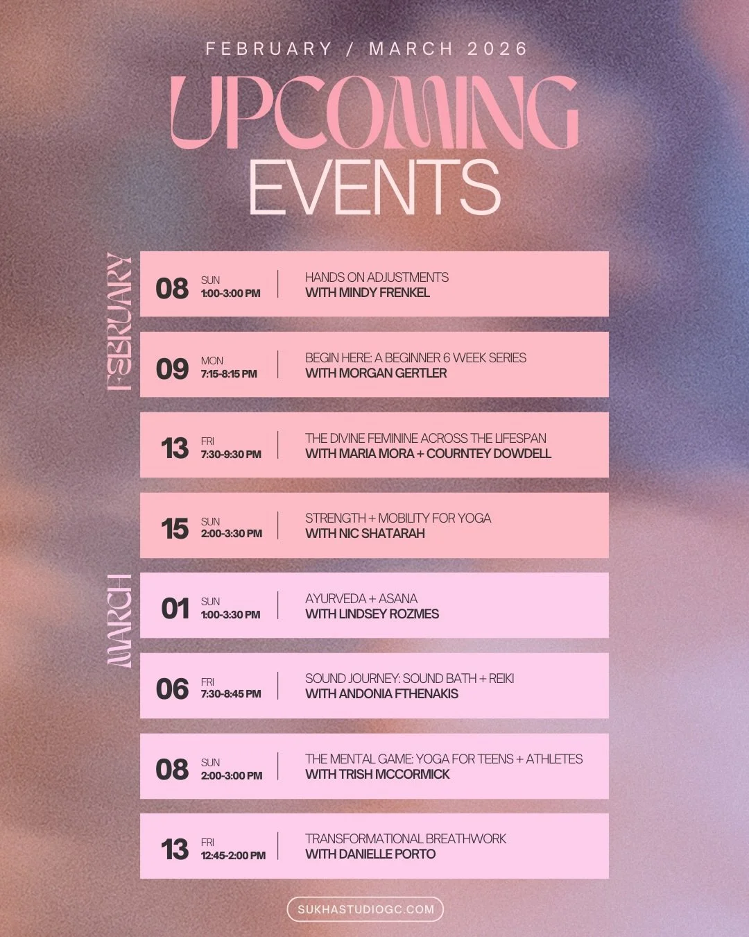 February / March are stacked with workshops + events you&rsquo;re sure to love.❤️

xx
Sukha 💌

#yogastudio #longislandyoga #yogacommunity #yogaandpilates #workshop