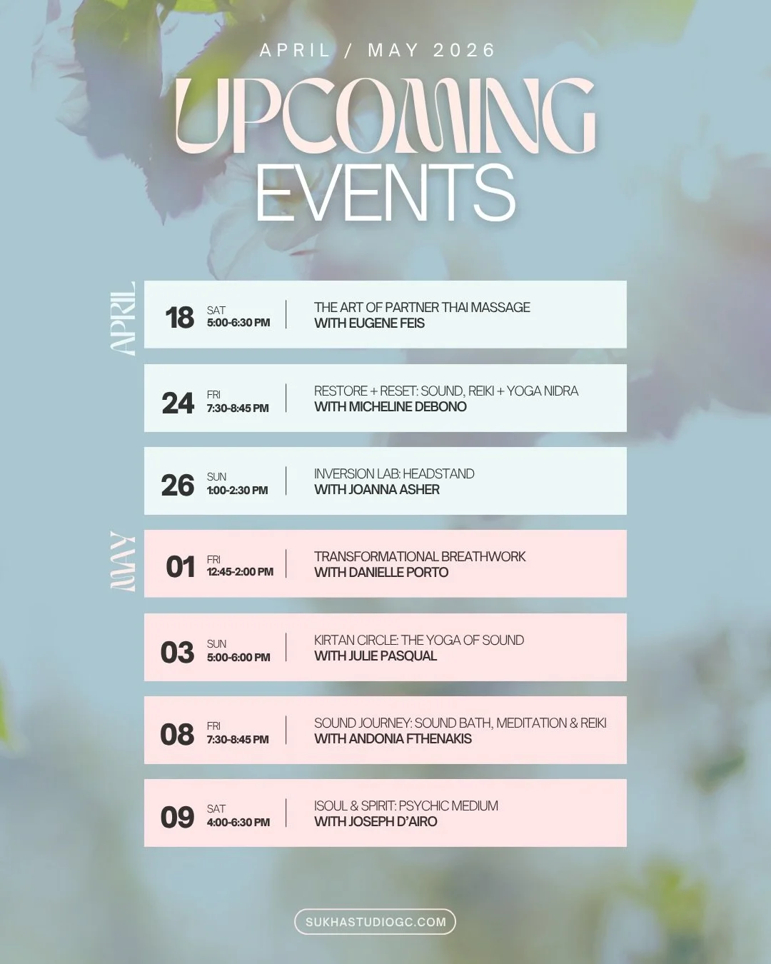 The change of seasons has put a Spring in our step 👣🌸🌱 Check out our upcoming April / May workshops + events! 

#yogastudio #longislandyoga #gardencityny #yogacommunity #workshop