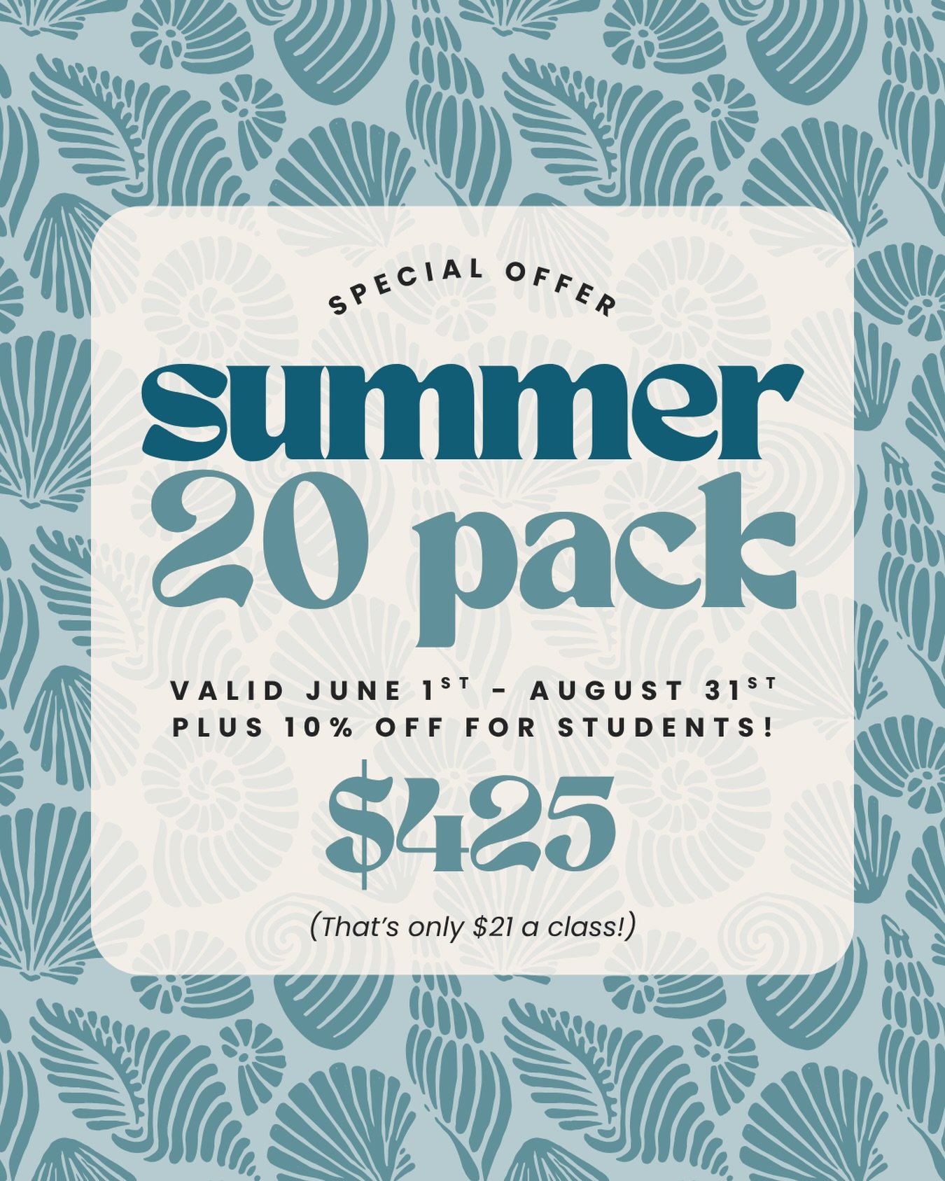 ☀️ Our Summer 20 pack is back! ☀️

🐚 Our BEST deal of the summer!
🐚 Comes out to $21 a class 😱
🐚 Available for purchase now - Classes are good June 1st - August 31st
🐚 Good towards all of our classes (yoga, Pilates &amp; sculpt)
🐚 PLUS an extra