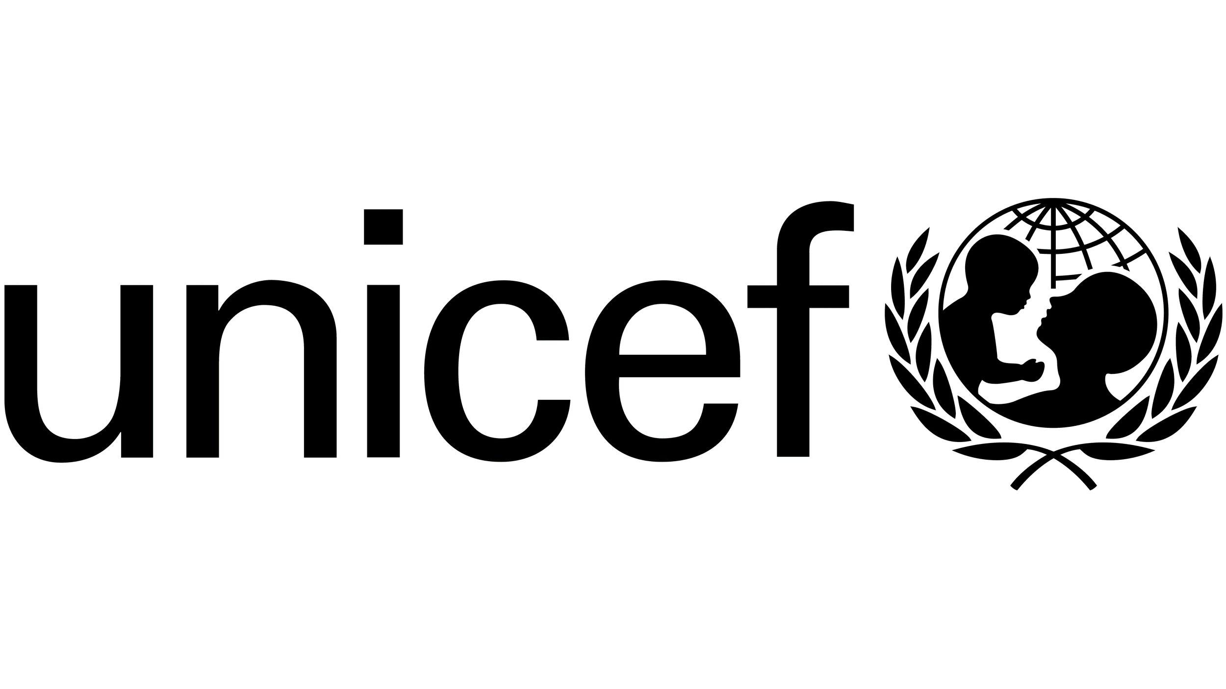 United Nations logo with the word 'unicef' and a globe surrounded by two children, one kneeling and one sitting, within a laurel branch.