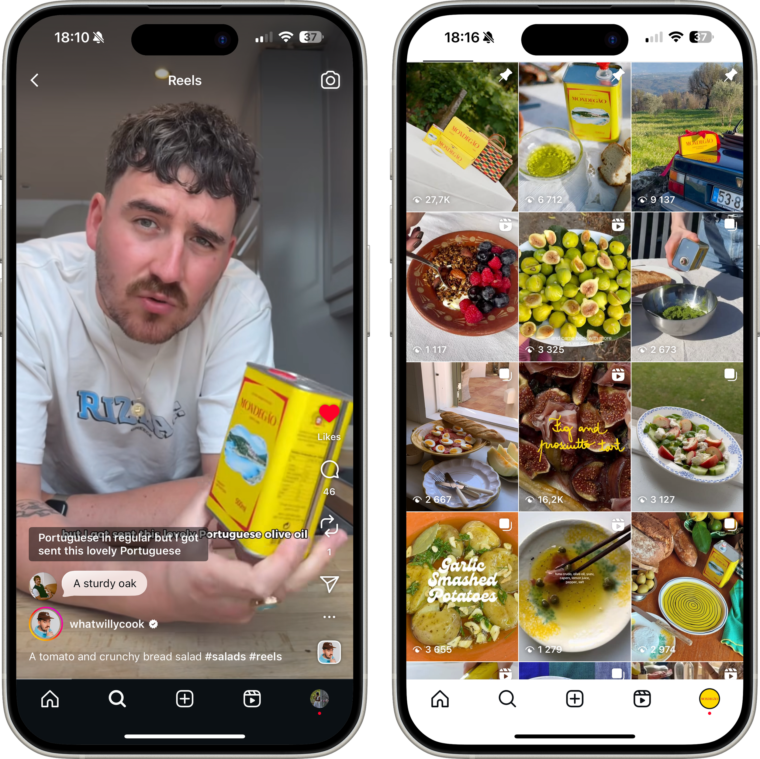 Two smartphone screens showing social media content. The left screen features a man holding a can of Portuguese olive oil, with a caption about it being Portuguese. The right screen displays a grid of various food images, including fresh fruit, pasta, salads, and cooking ingredients.