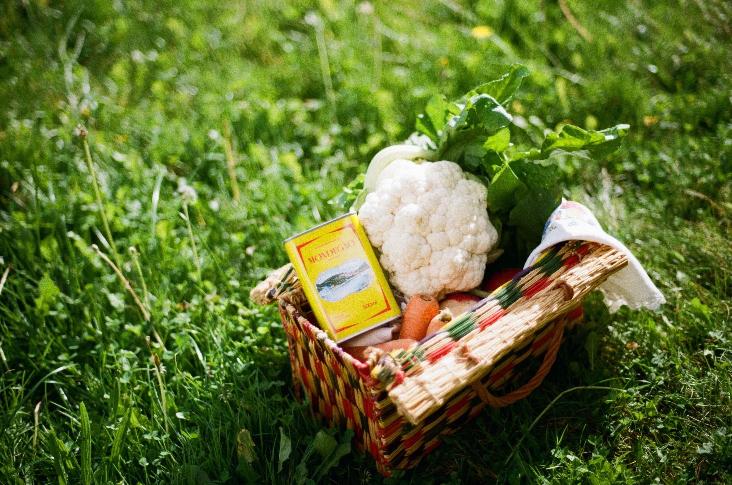 A basket containing a head of cauliflower, carrots, and a pack of Mondiego soap, resting on green grass in sunlight.