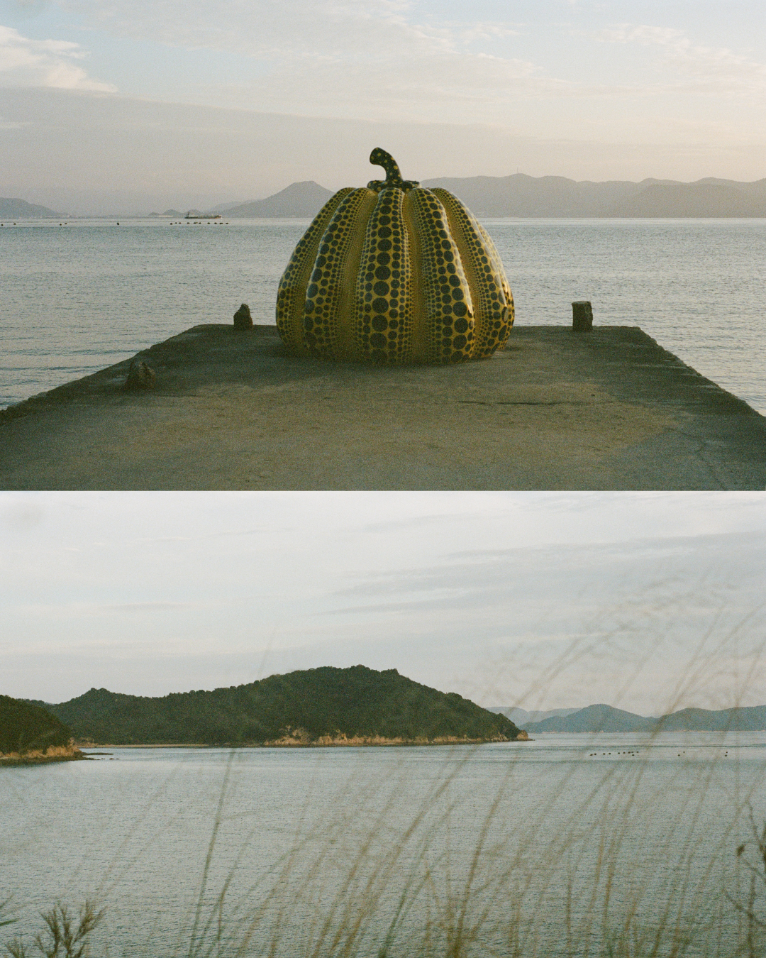 A large decorative pumpkin sculpture with a yellow and black pattern, situated on a pier by the water, with distant mountains in the background.